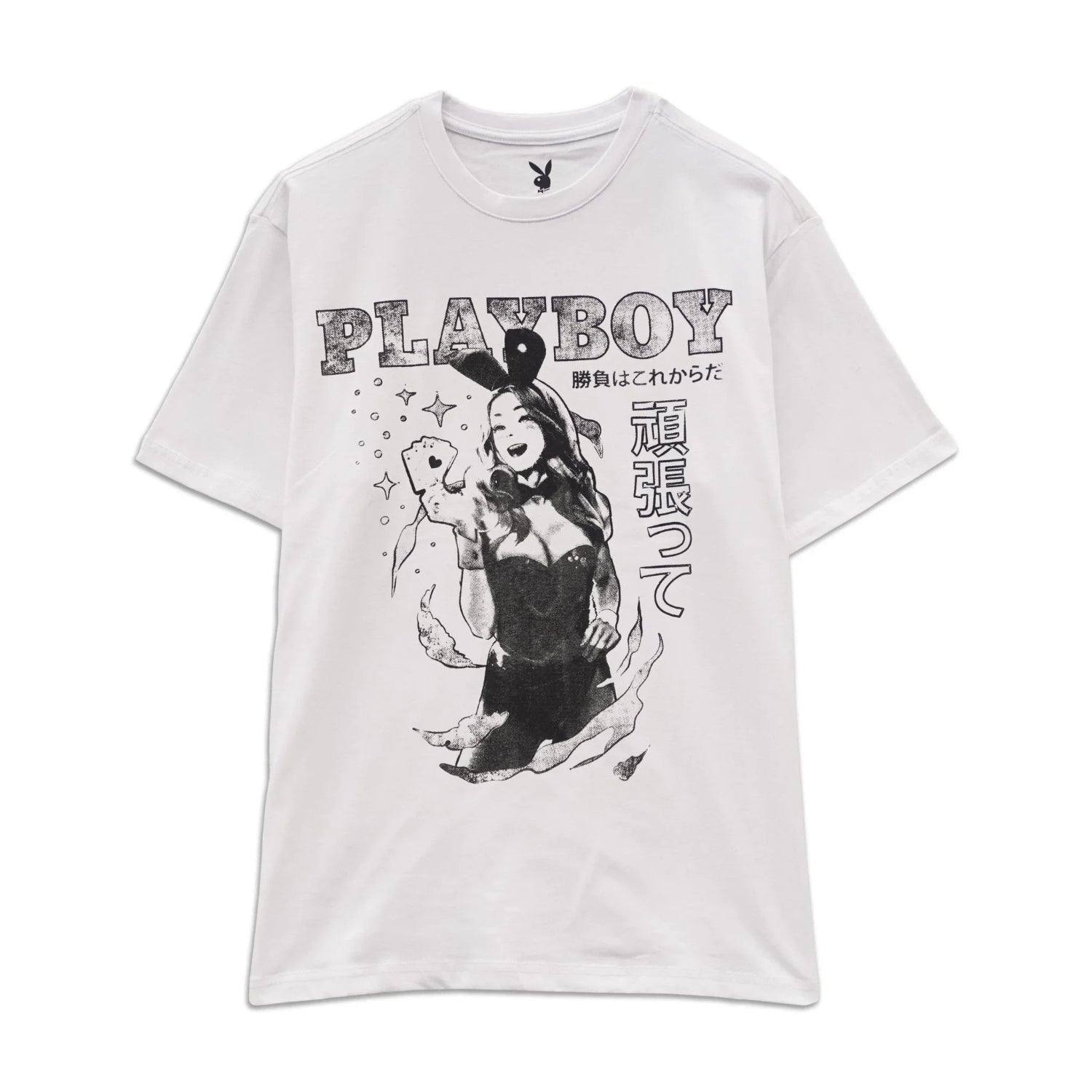 White graphic tee with black print of woman in bunny costume, Japanese text and bold title.