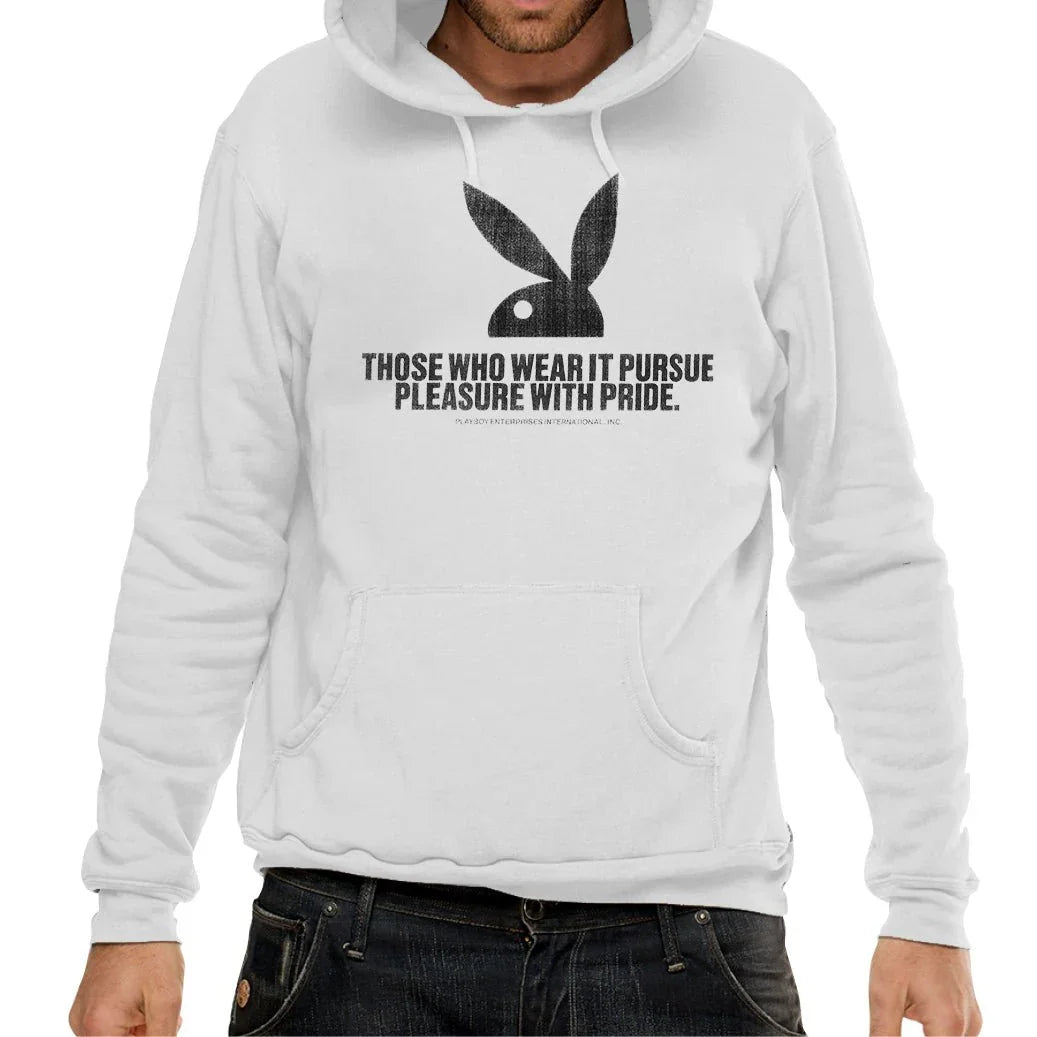 White hoodie with black bunny logo and 'Those who wear it pursue pleasure with pride' text