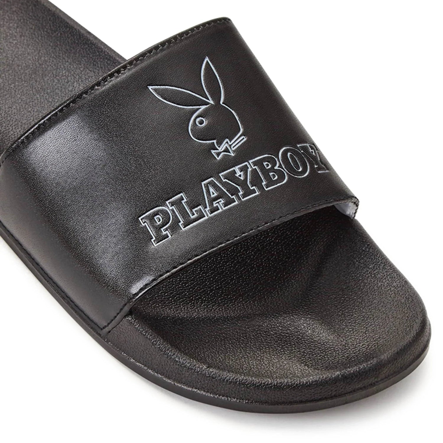 Black slide sandal with bunny logo and bold PLAYBOY text on the strap, close-up view