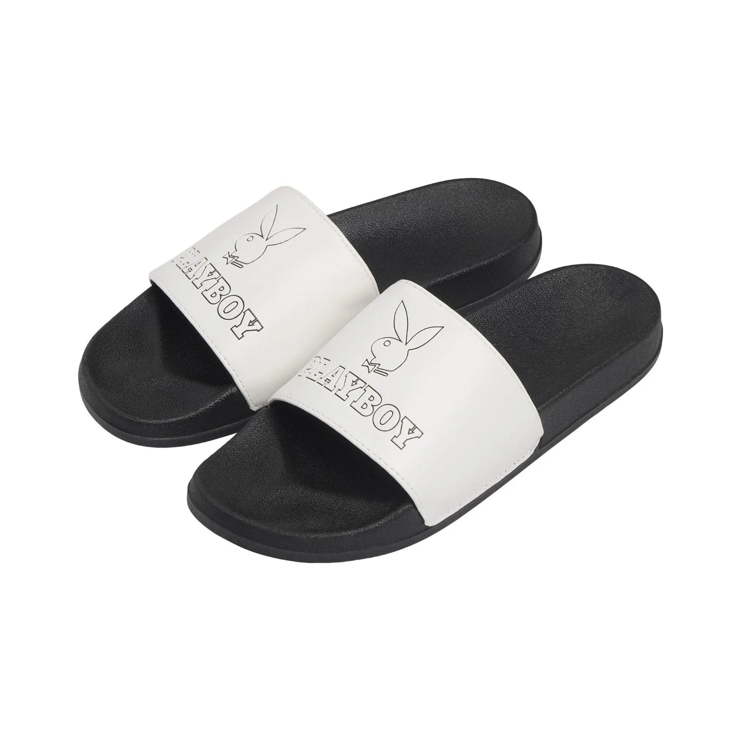 Black and white slide sandals with bunny logo graphic and text on strap, casual footwear
