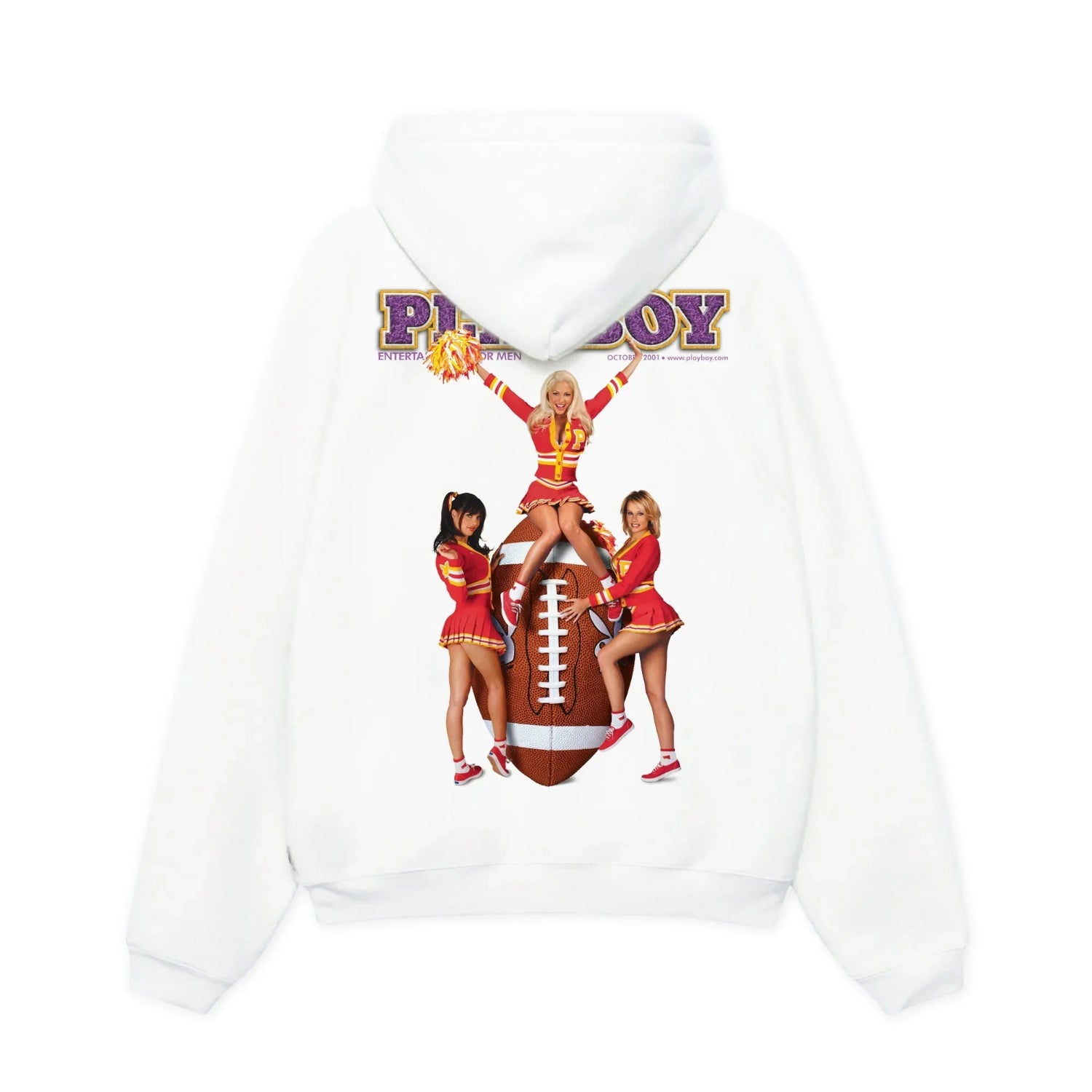 White hoodie featuring print of three cheerleaders in red outfits posing with a football