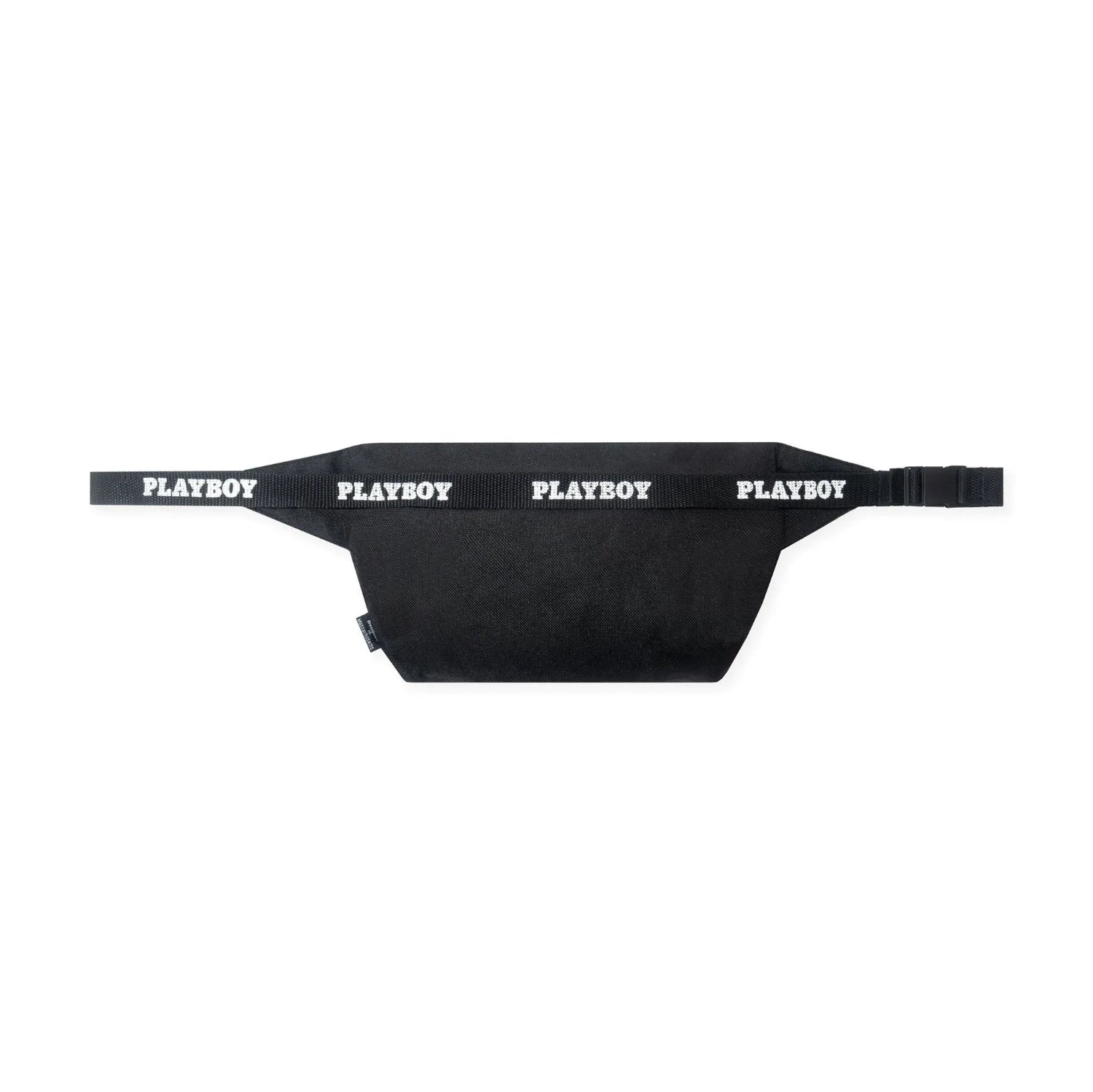 Black fanny pack with adjustable strap and PLAYBOY logo in white lettering on the strap