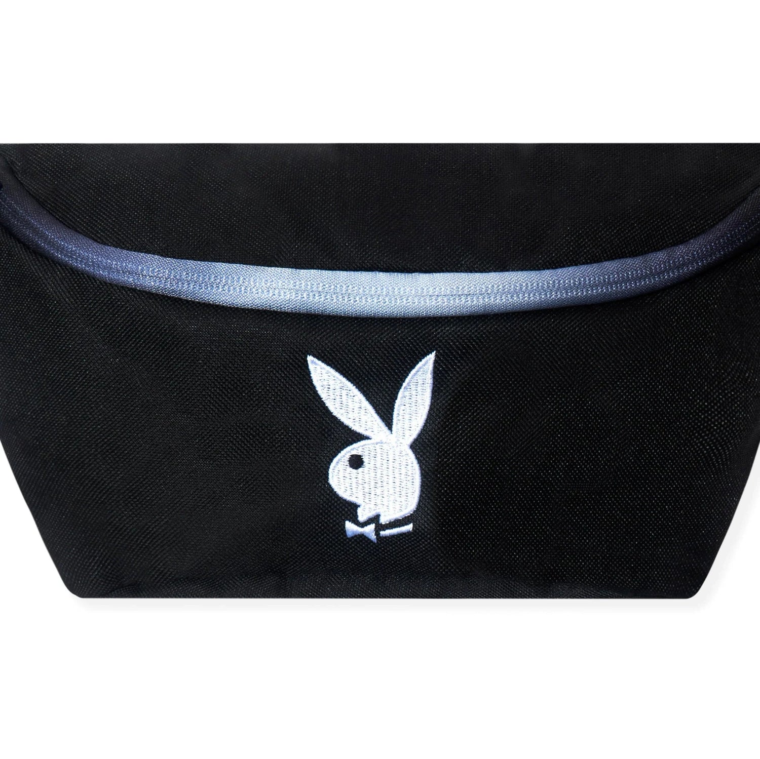Black classic fanny pack with white bunny logo and silver zipper detail, close-up view