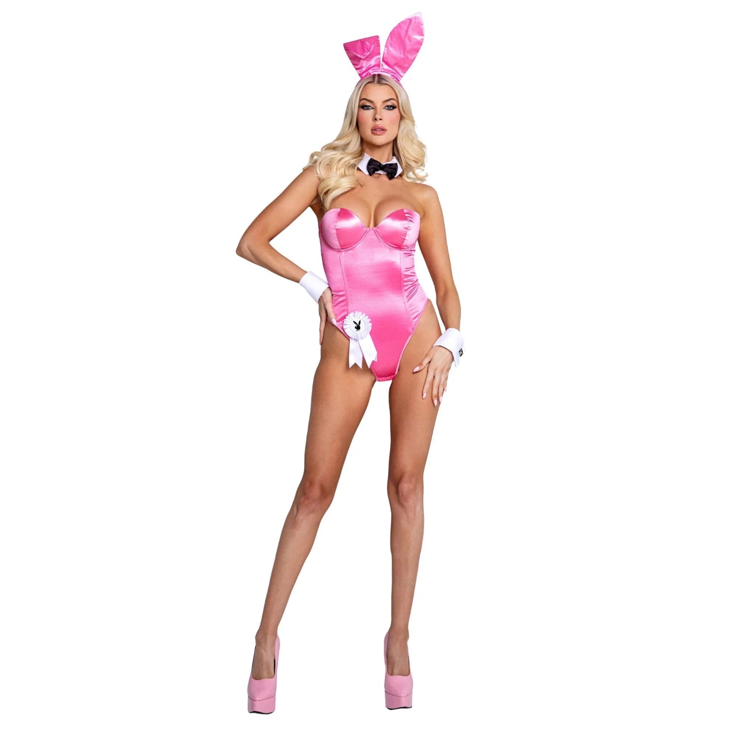 Woman in classic pink bunny costume set with ears, bow tie, cuffs, and satin bodysuit