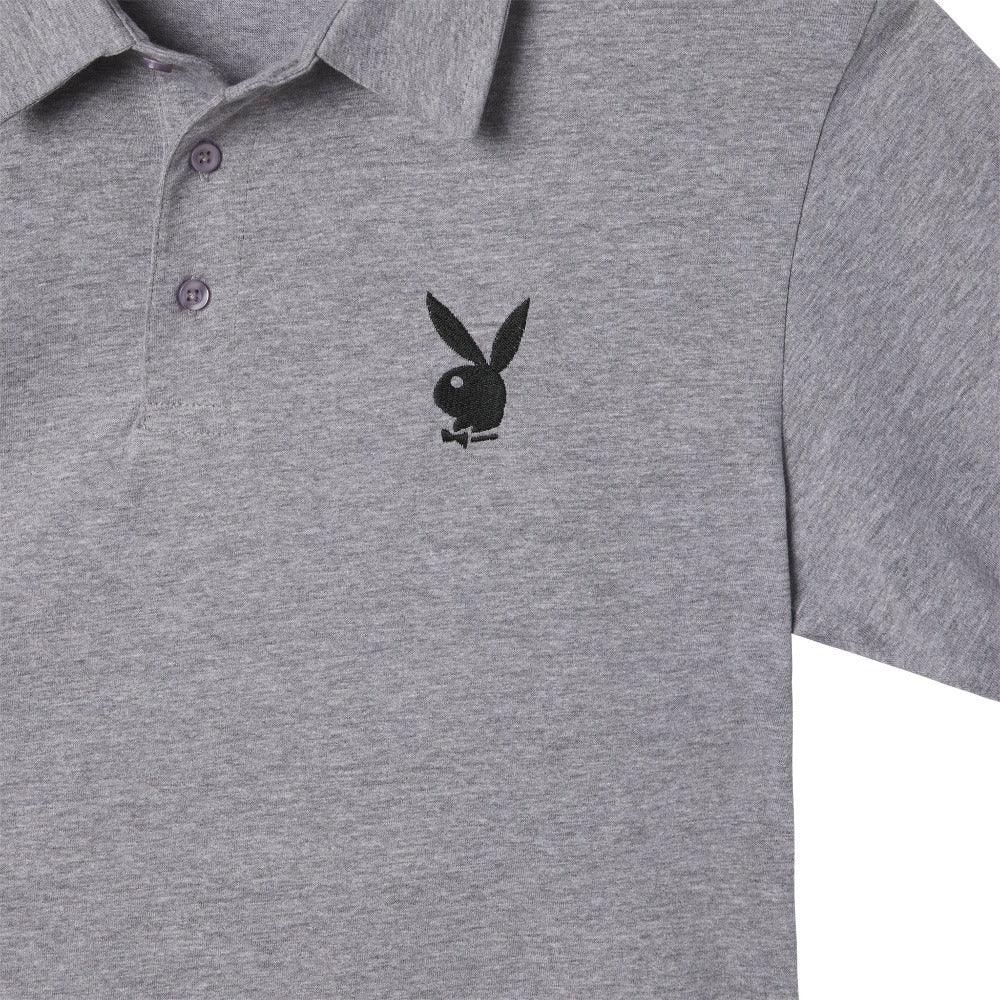 Grey polo shirt with black embroidered rabbit head logo on chest