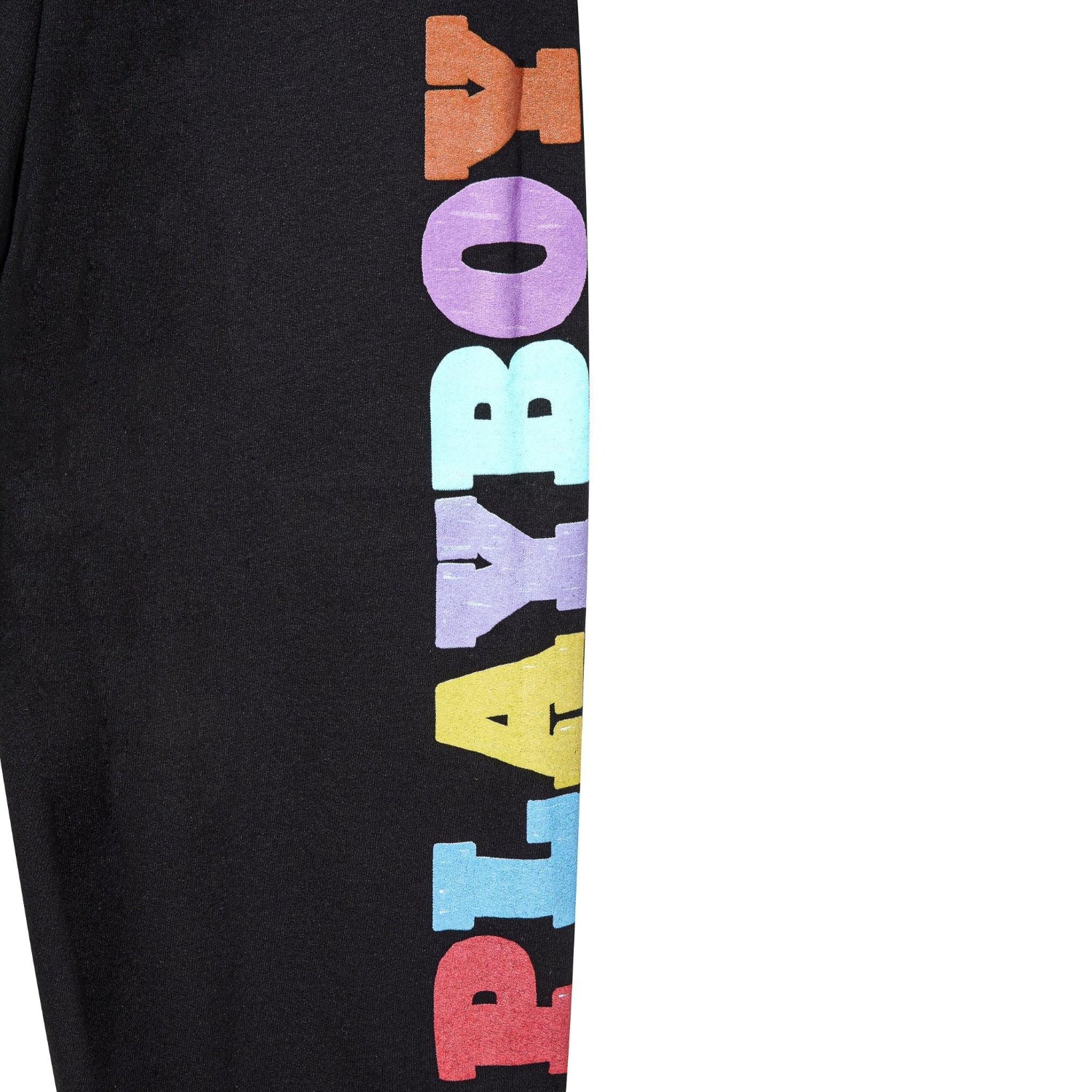 Black sweatpants with multicolor block letter graphic on leg
