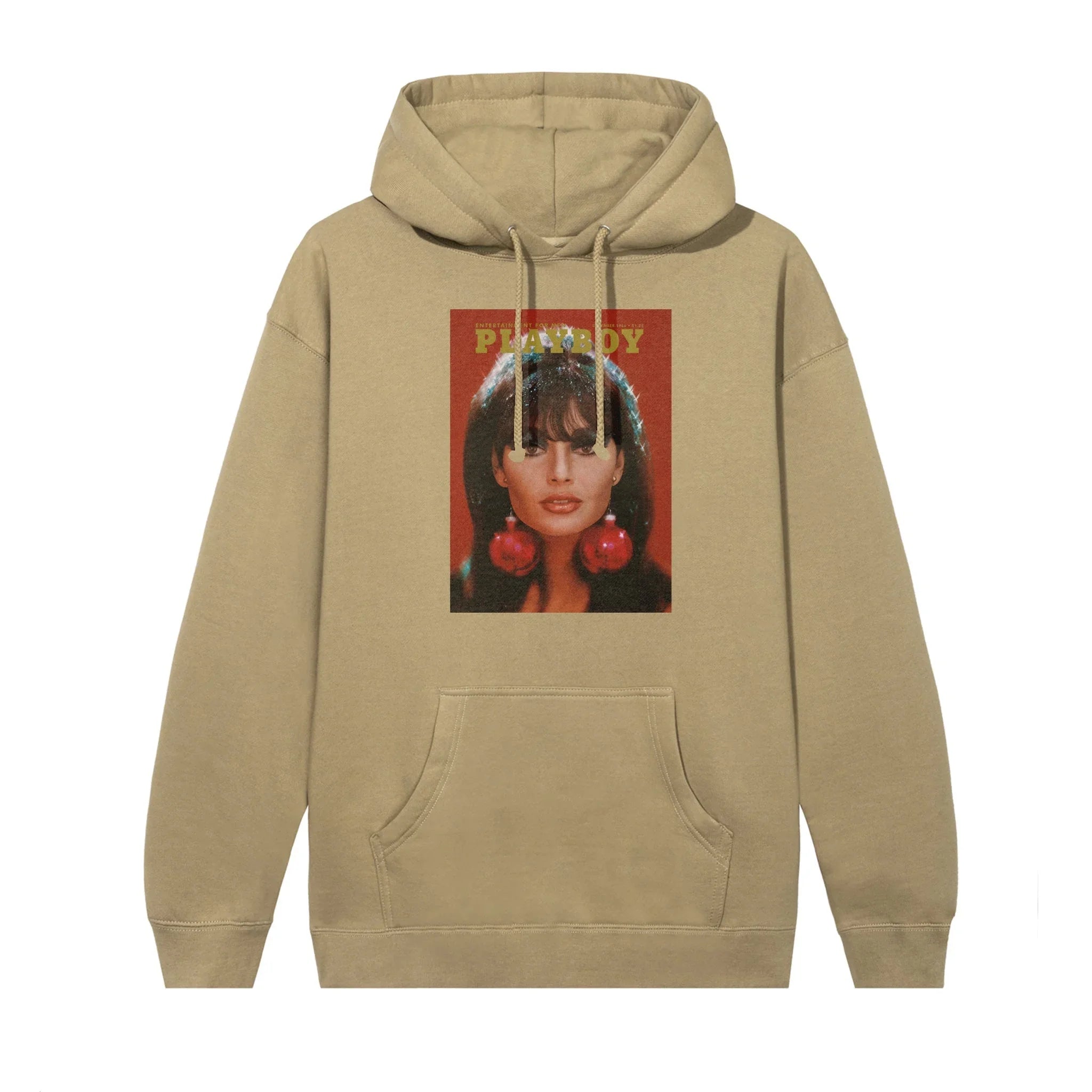 Beige hoodie featuring a vintage magazine cover print with a woman in red ball earrings on front.