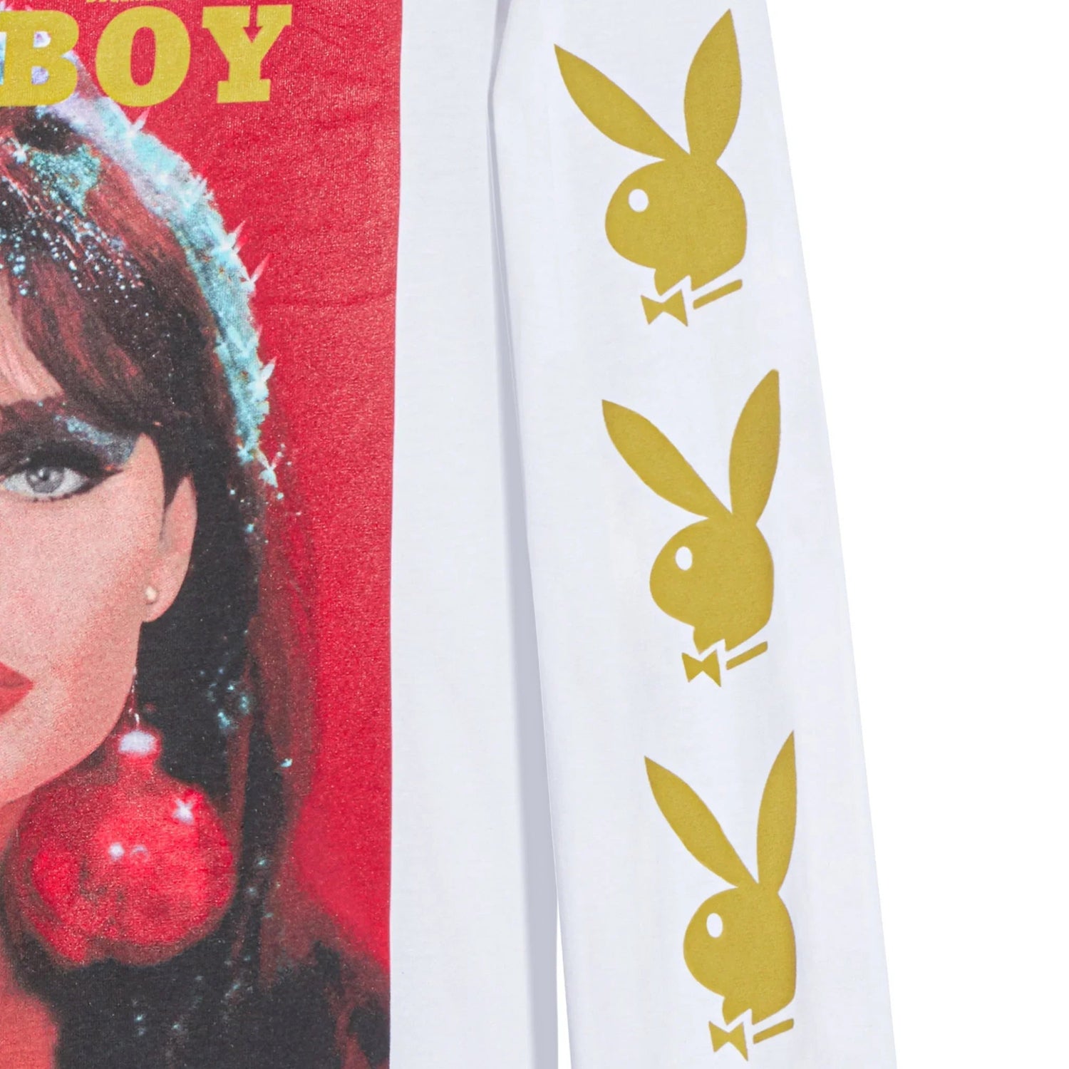 White long sleeve t-shirt with vintage magazine cover graphic and yellow bunny logos on sleeve