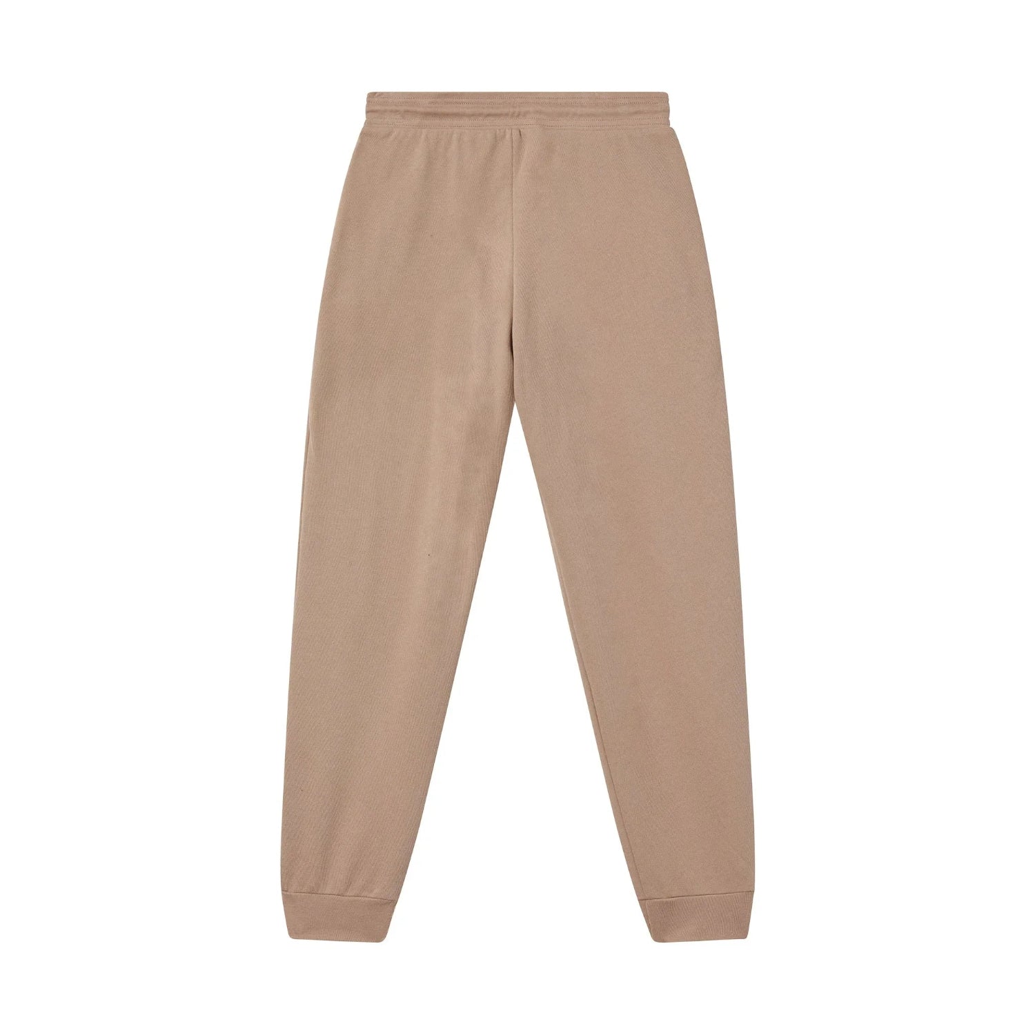 Beige fleece sweatpants with elastic waistband and cuffs, laid flat on white background