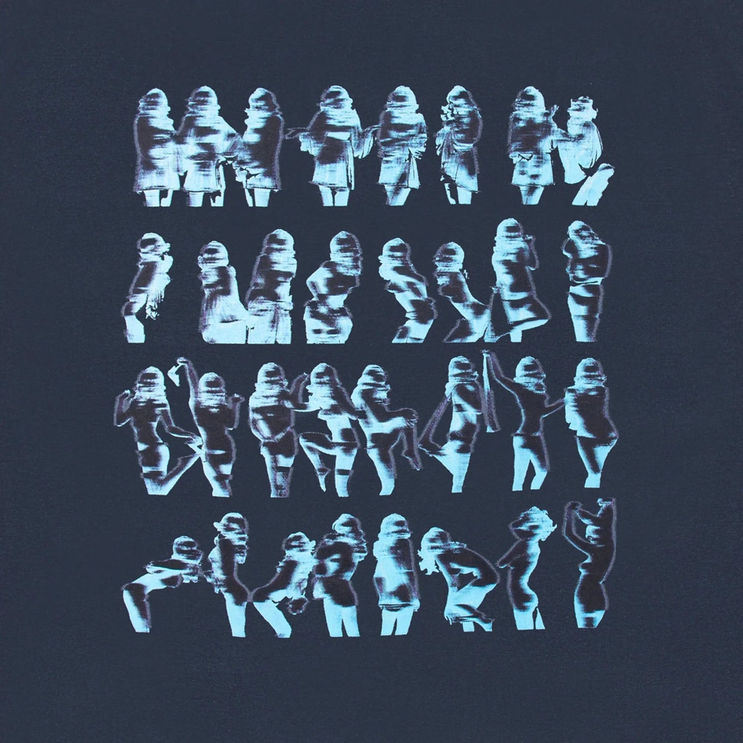 Black long sleeve shirt with blue x-ray style silhouettes of women in various poses