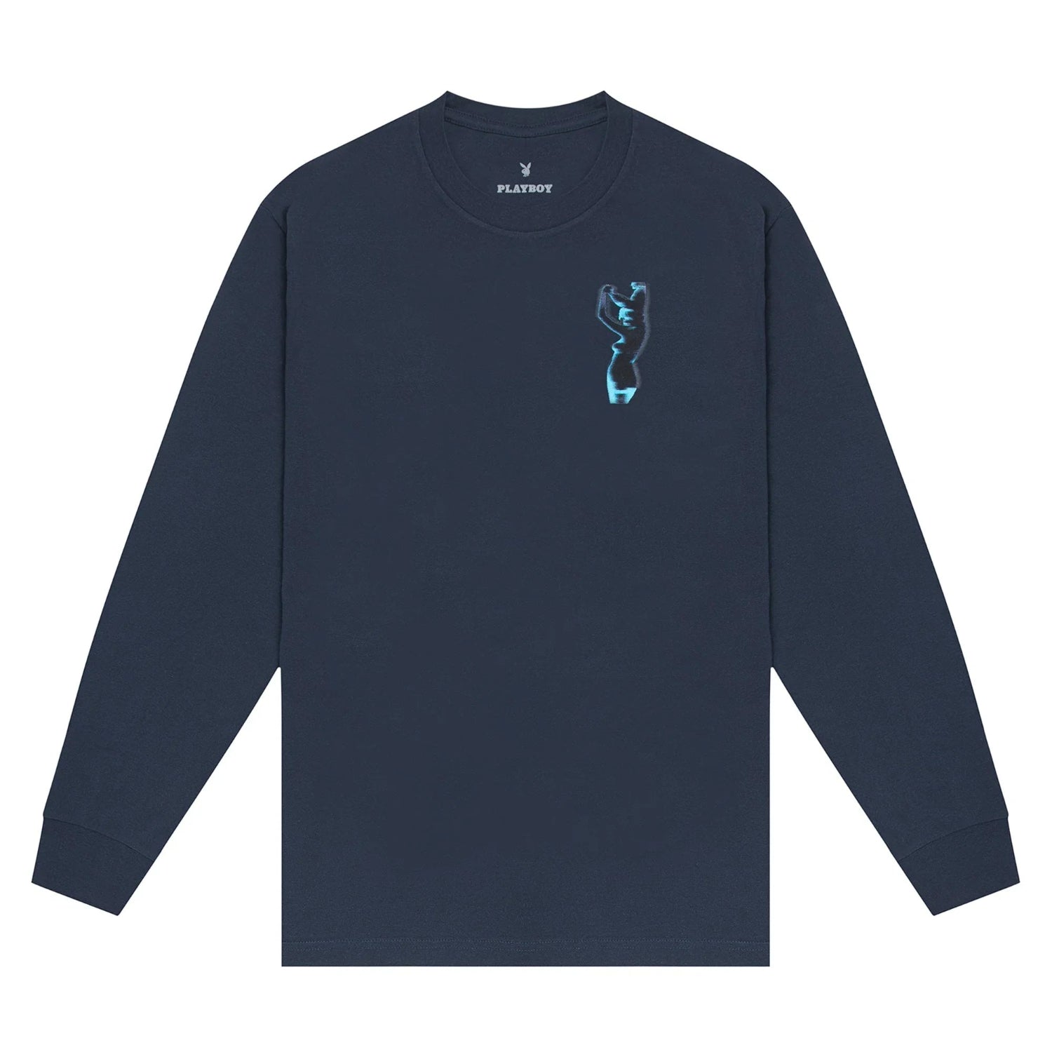 Navy long sleeve t-shirt with small blue silhouette graphic on chest, crew neck style.