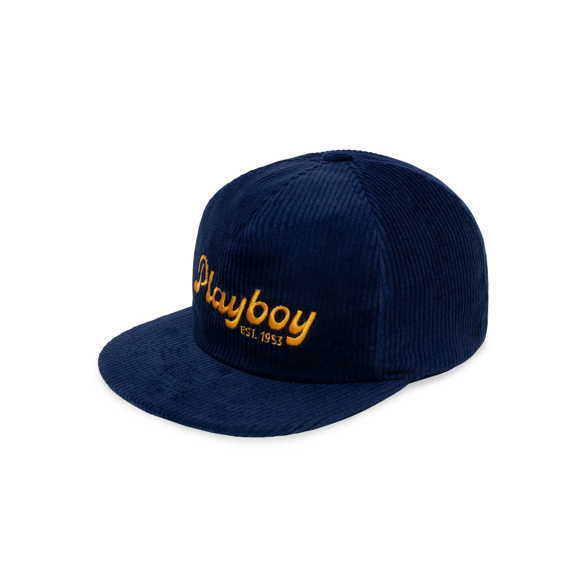 Navy blue corduroy hat with yellow embroidered 'Playboy Est. 1953' on the front panel