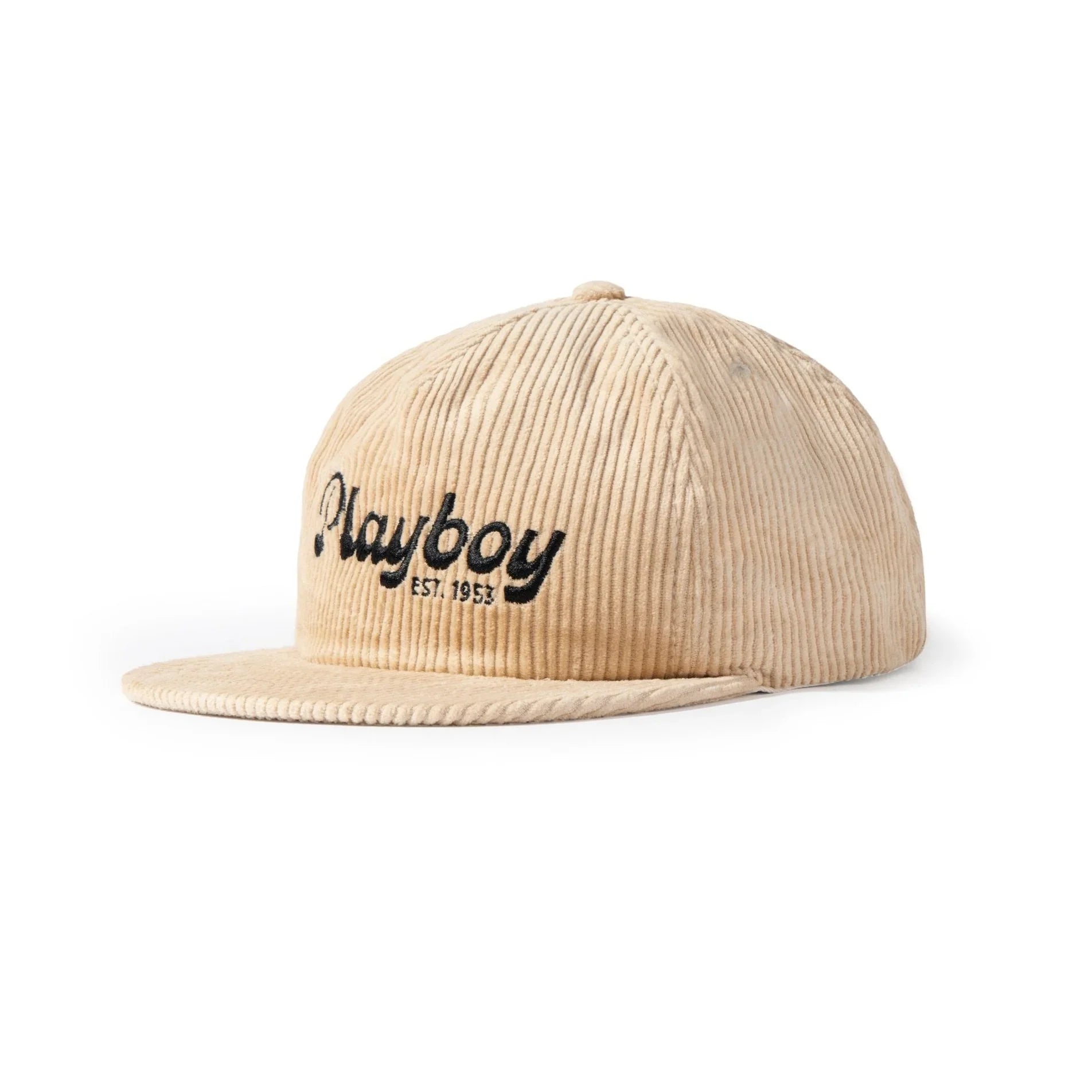 Beige corduroy hat with black embroidered Playboy Est. 1953 logo, flat brim