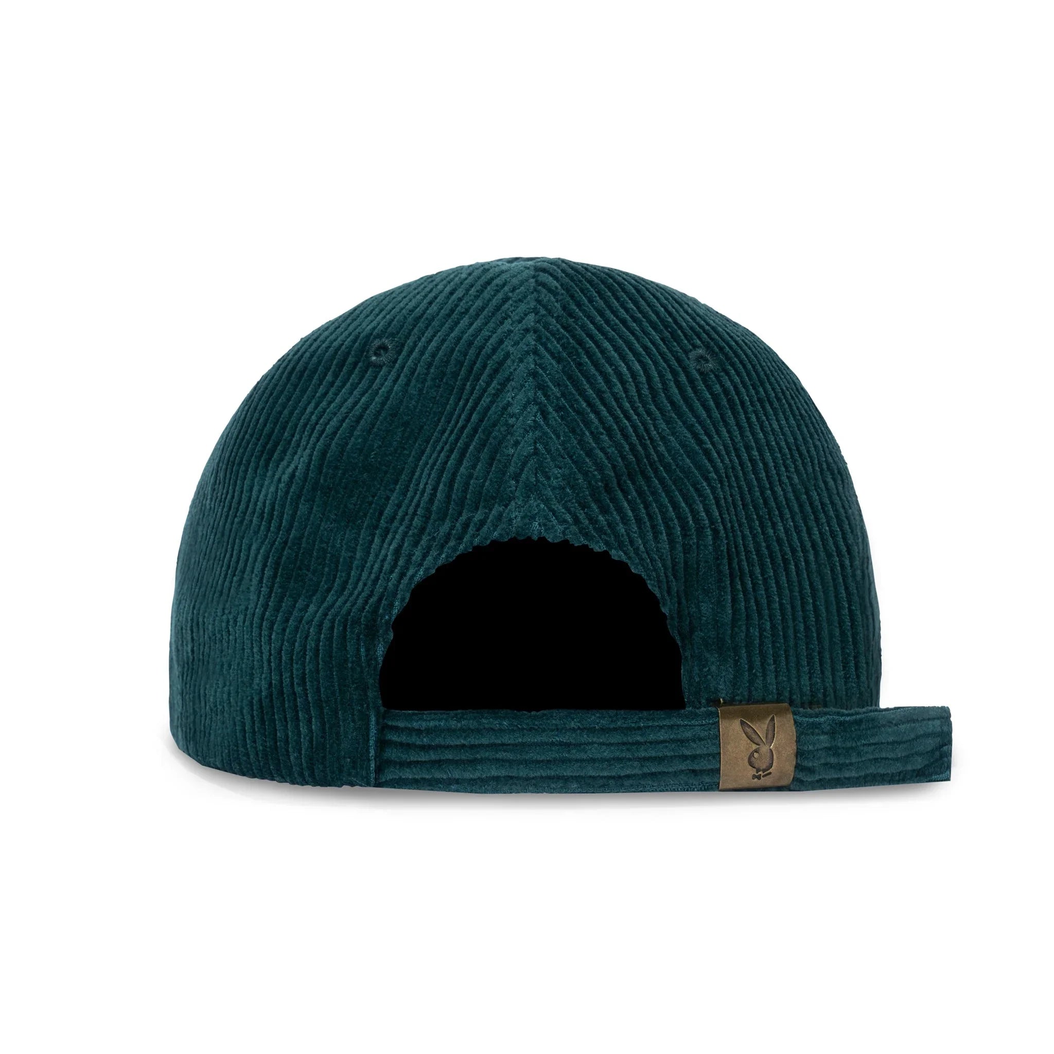 Dark green corduroy hat back view with adjustable strap and small embroidered bunny logo patch
