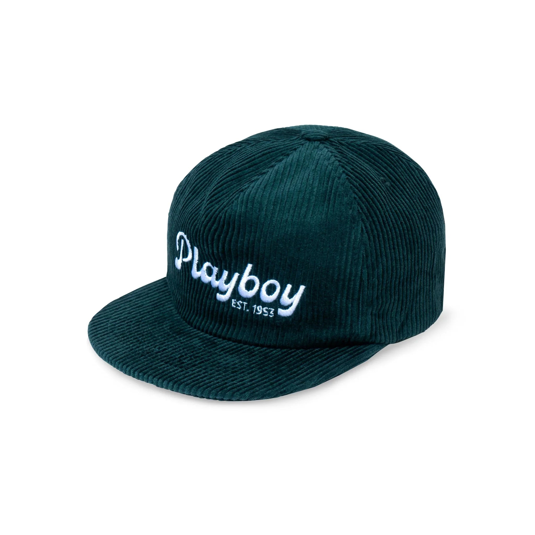 Dark green corduroy hat with white embroidered Playboy logo and Est. 1953, curved brim
