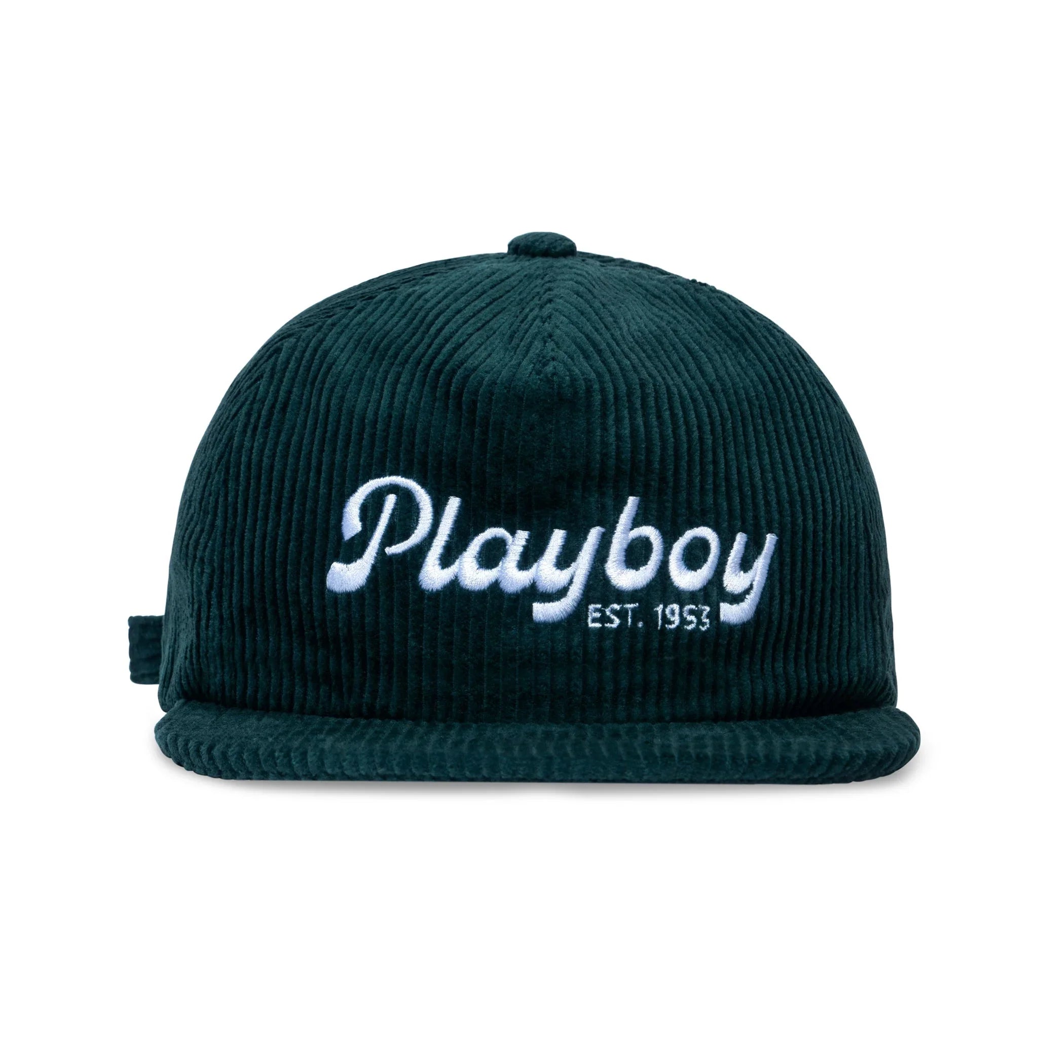 Dark green corduroy hat with white embroidered Playboy logo and EST. 1953 on the front
