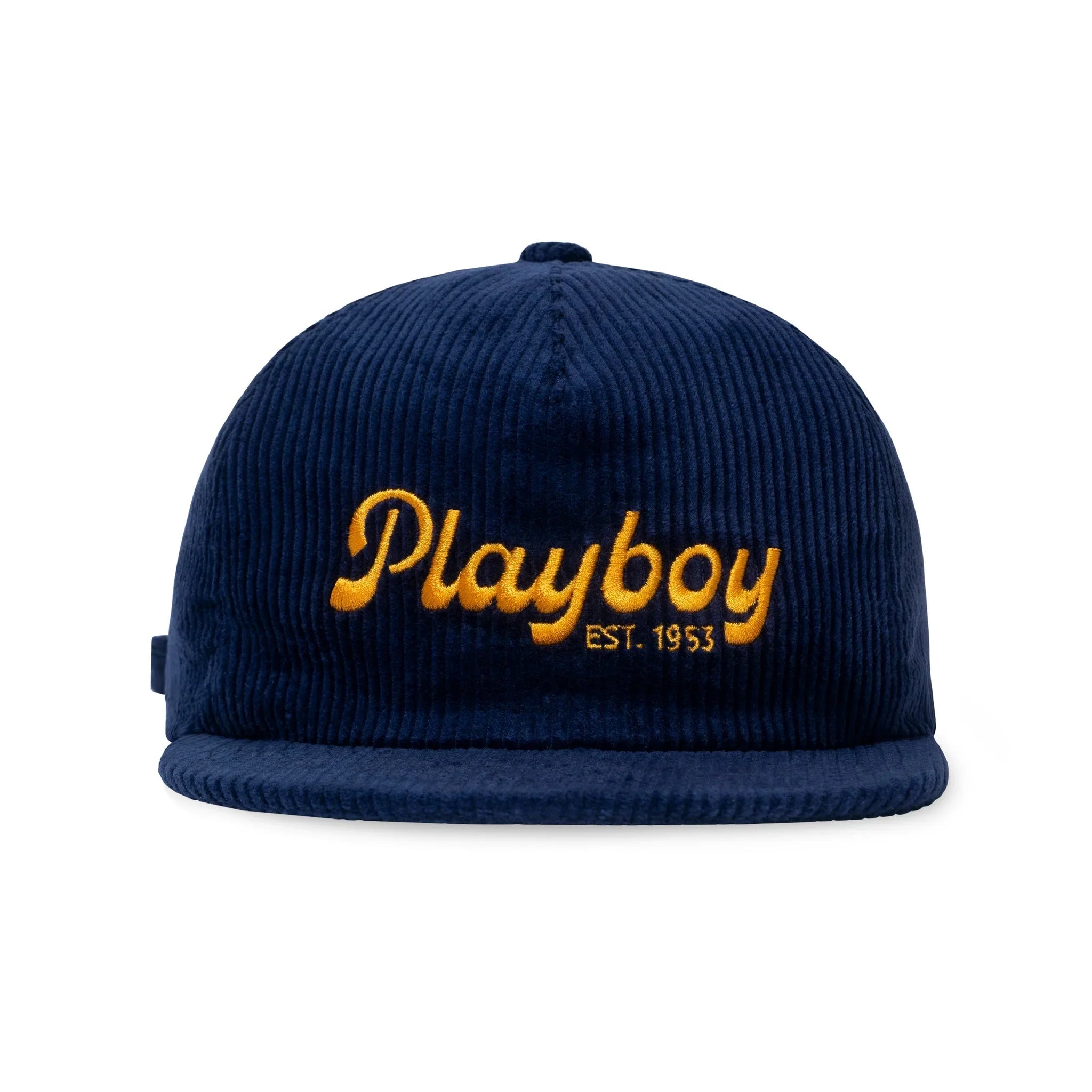 Navy blue corduroy hat with gold embroidered Playboy logo and 'EST. 1953' on front