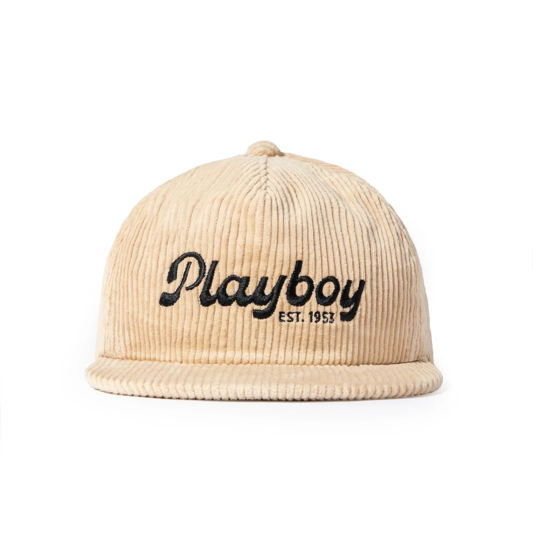 Beige corduroy hat with embroidered script logo and EST. 1953 text on the front