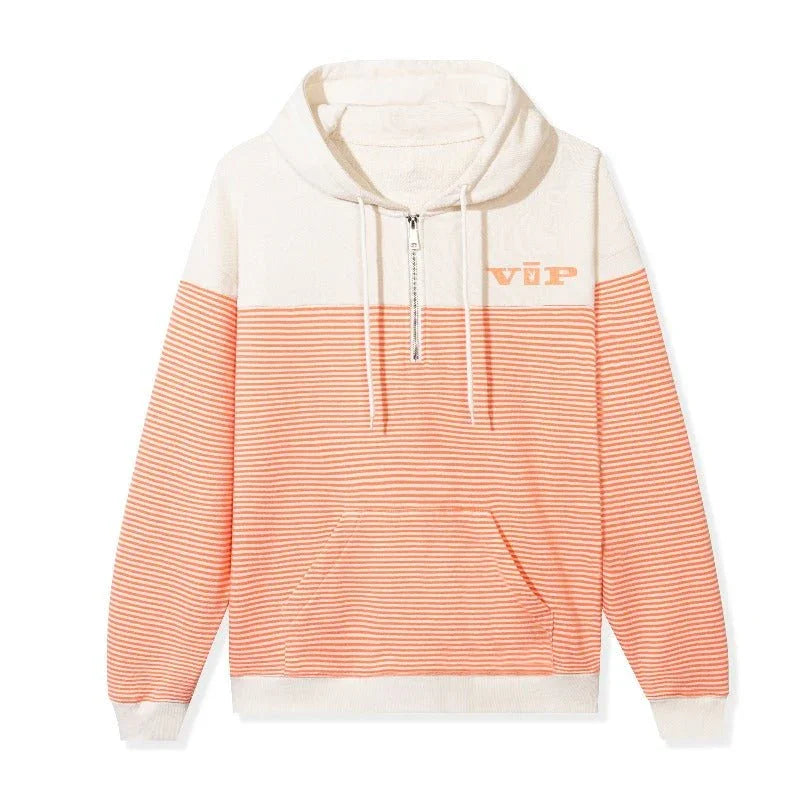 Cream and orange striped quarter zip hoodie with VIP text, front pocket, and drawstrings