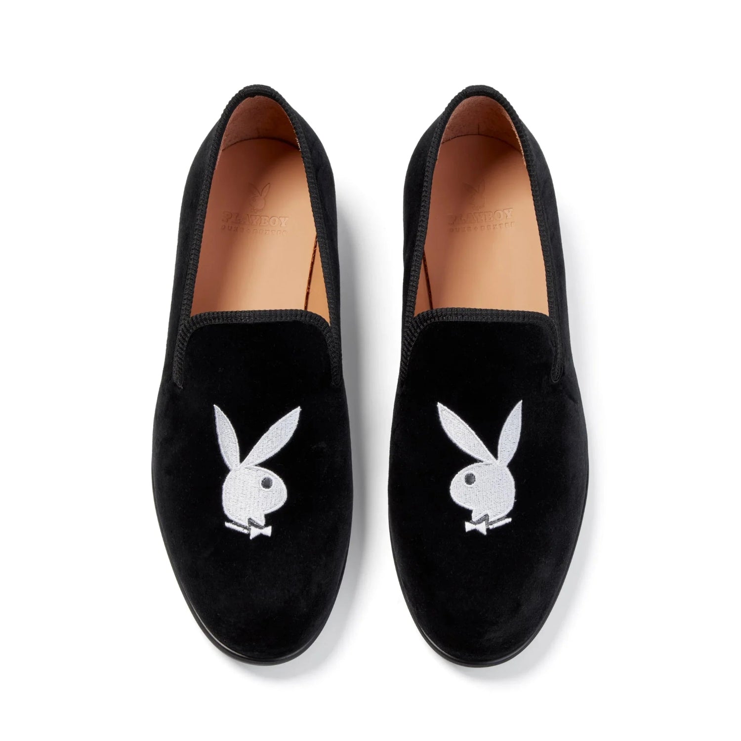 Black velvet loafers with white bunny logo embroidery, men's footwear on white background