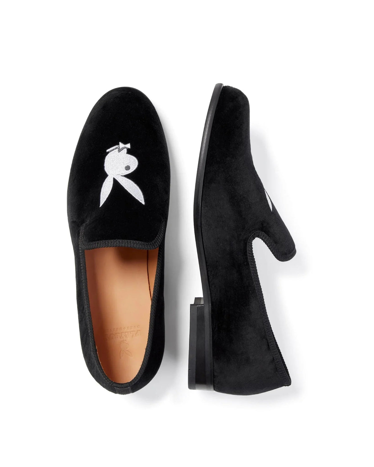 Black velvet loafers with embroidered white bunny logo, men's luxury slip-on shoes