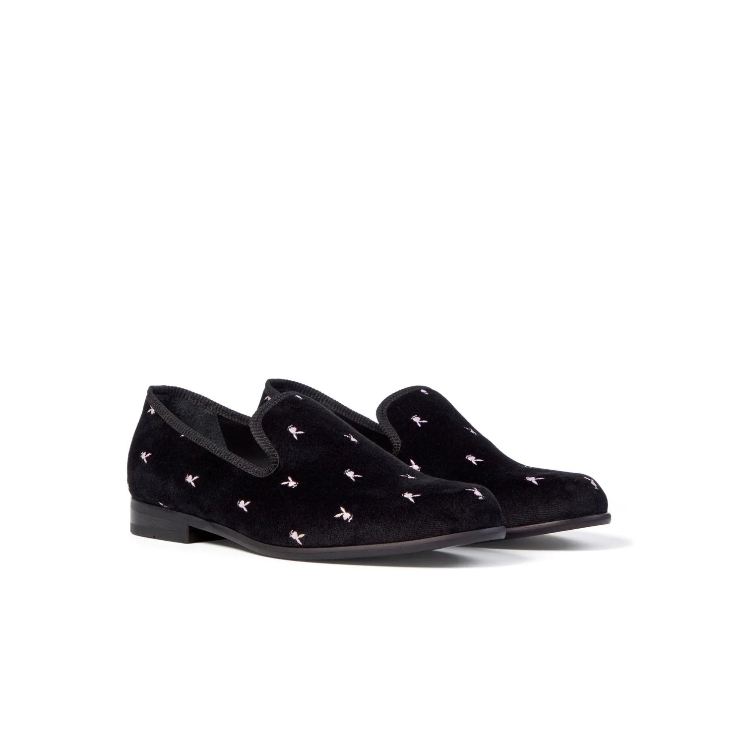 Black velvet loafers with mini white rabbit head pattern, men's slip-on dress shoes