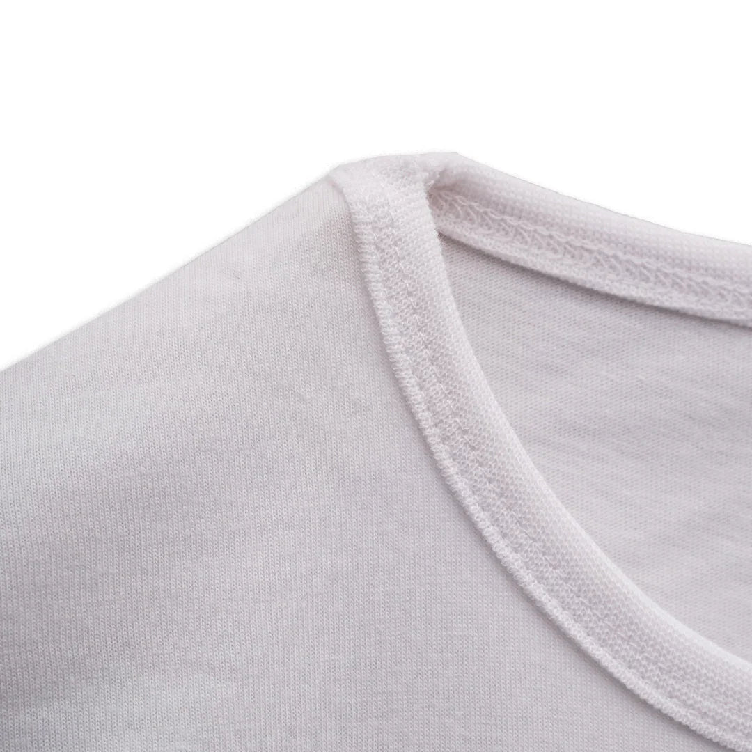 Close-up of white cotton boxy t-shirt collar with fine stitching detail