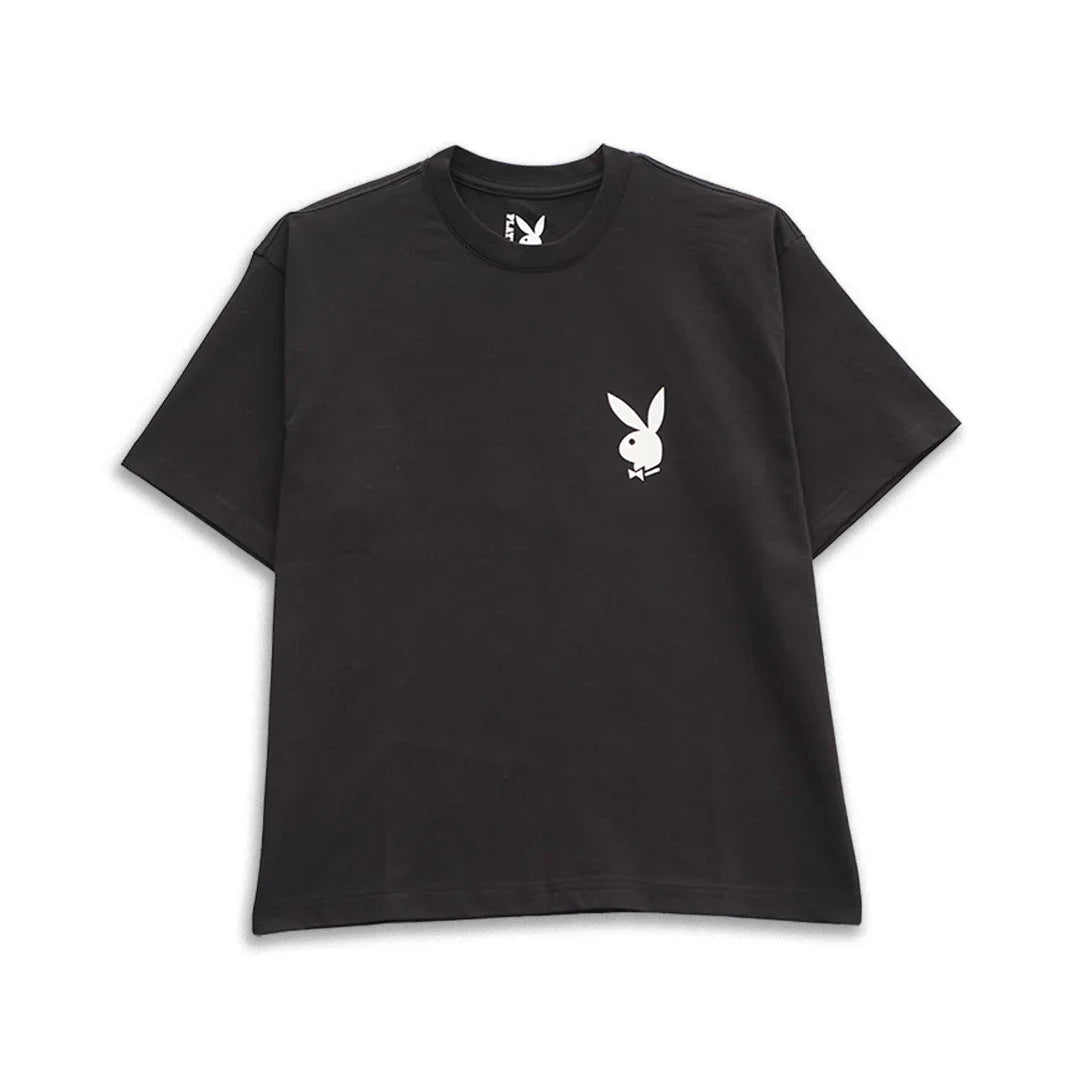 Black boxy tee with white bunny head graphic on chest, short sleeves, crew neck