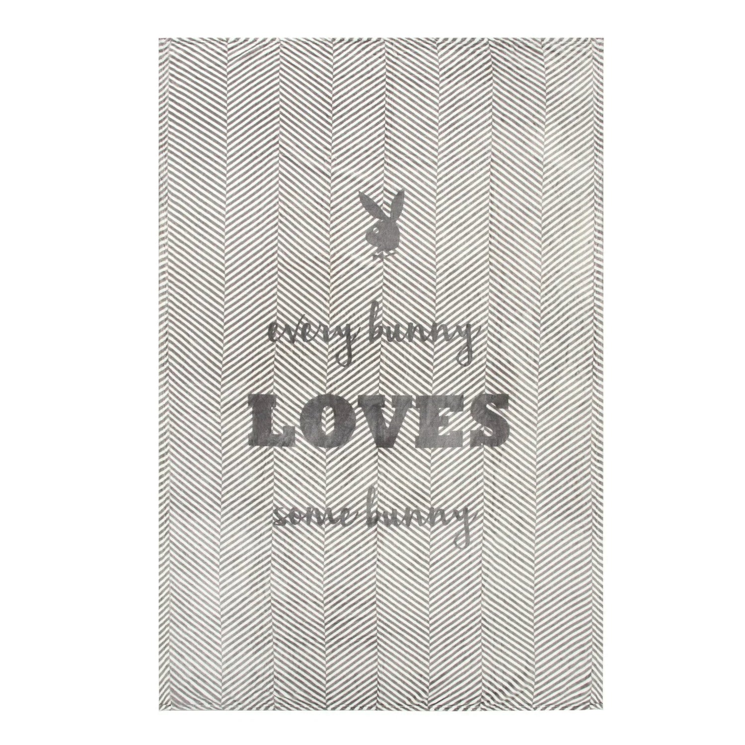 Gray and white herringbone microfiber blanket with bunny logo and 'every bunny LOVES some bunny' text.