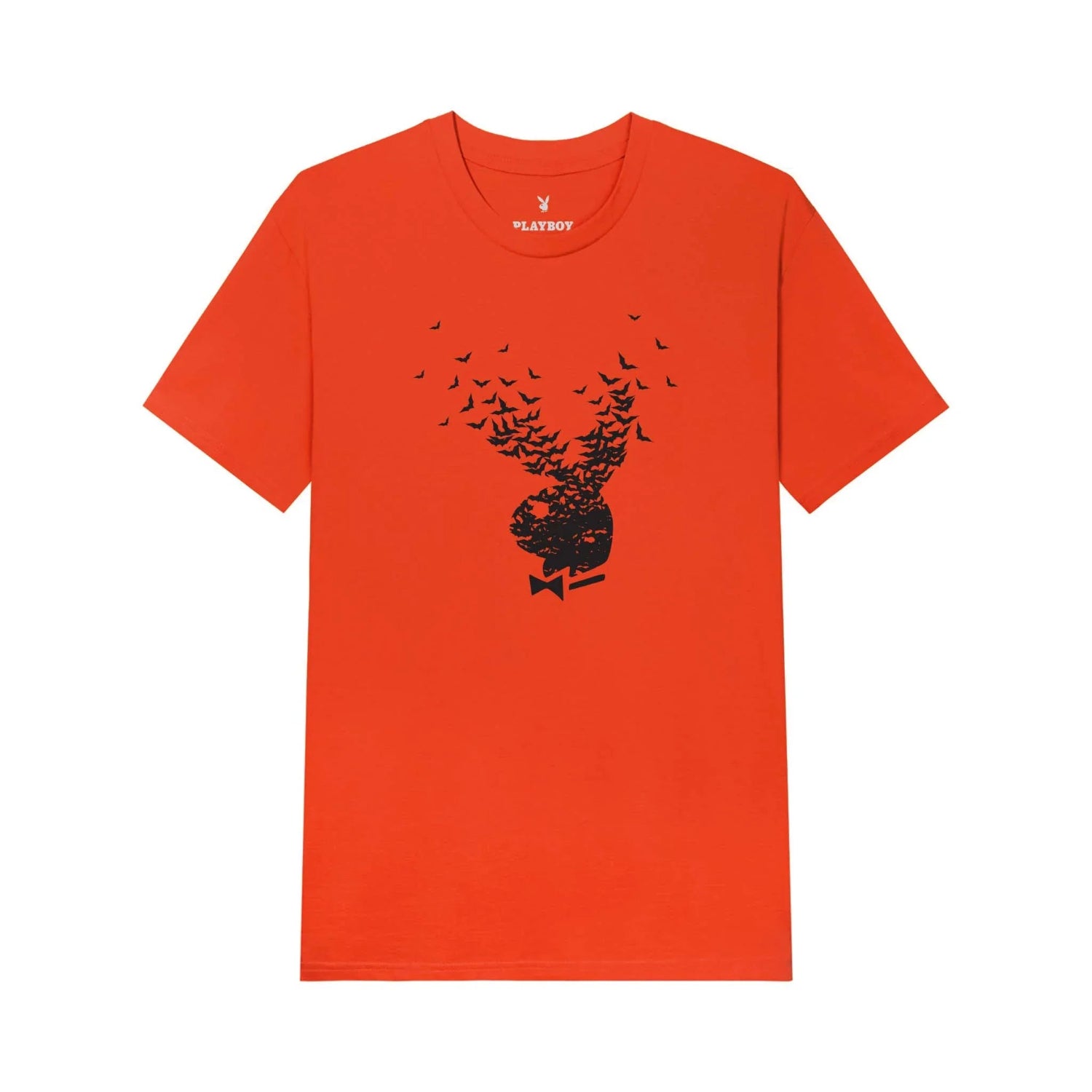 Orange graphic t-shirt featuring a black bat silhouette design forming a bunny head.