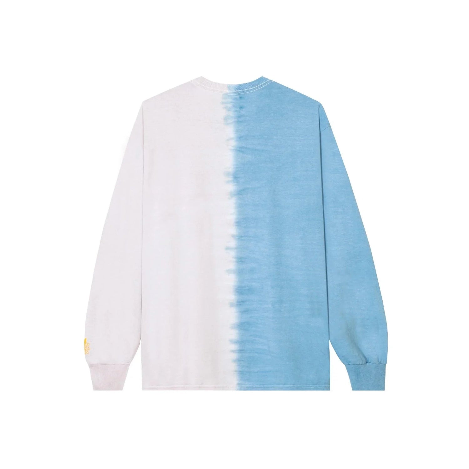 Dip-dye long sleeve shirt with half white and half light blue color blocking, back view.