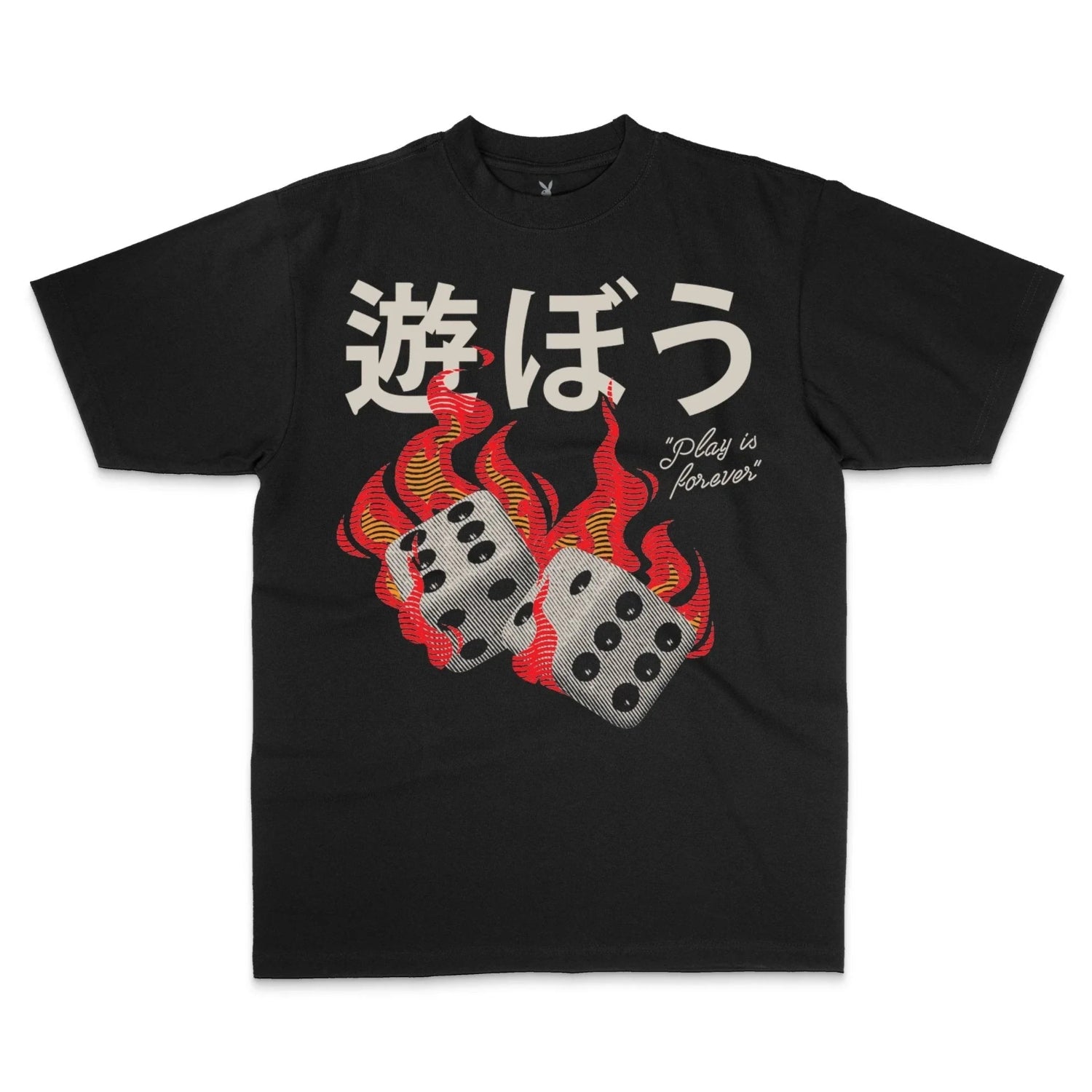 Black graphic tee with flaming dice, Japanese text, and 'Play is forever' print
