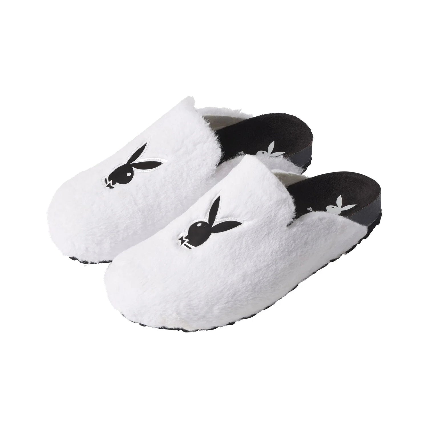 White fuzzy slides with black bunny logo and black soles on a white background