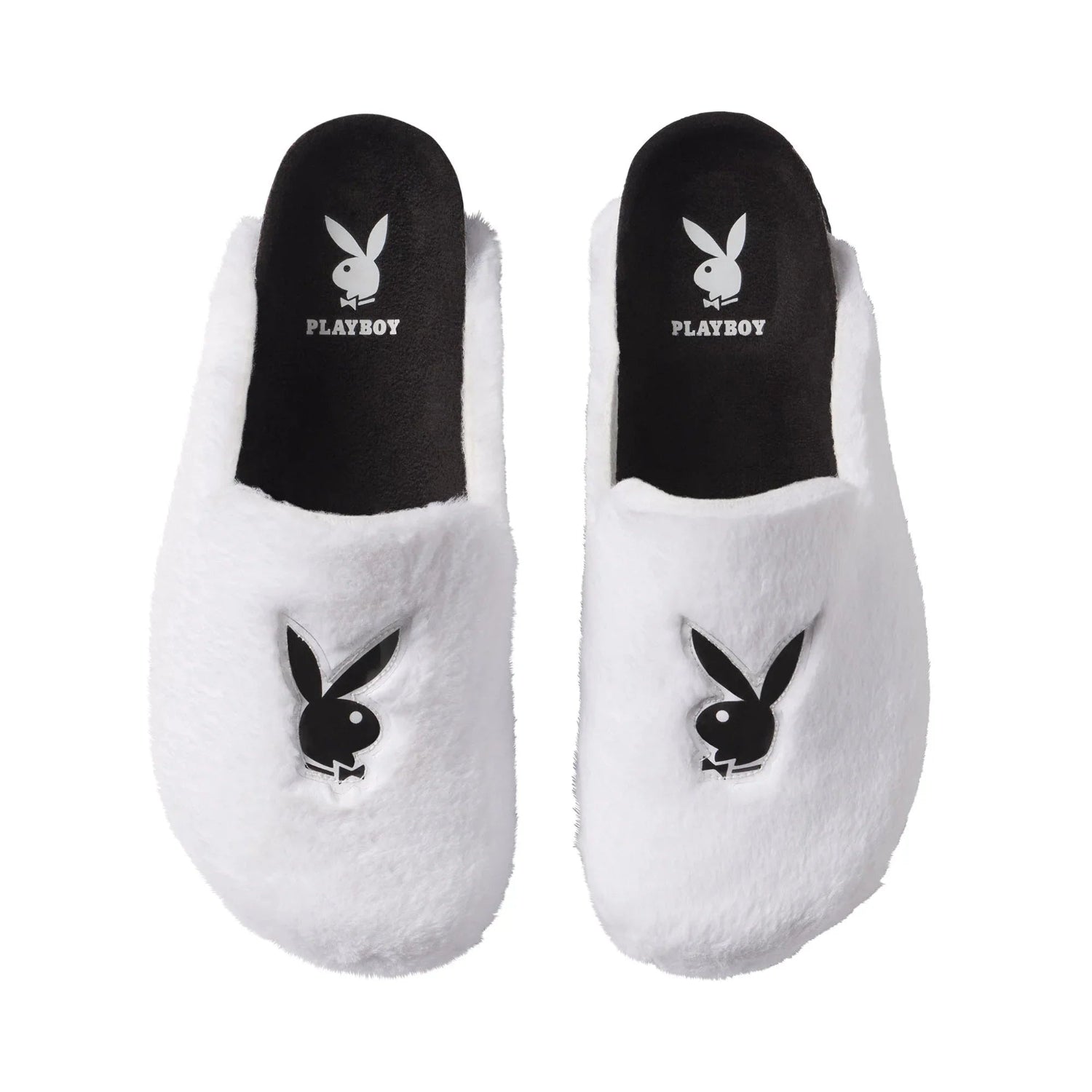 White fuzzy slides with black bunny logo, cozy slip-on slippers on plain background