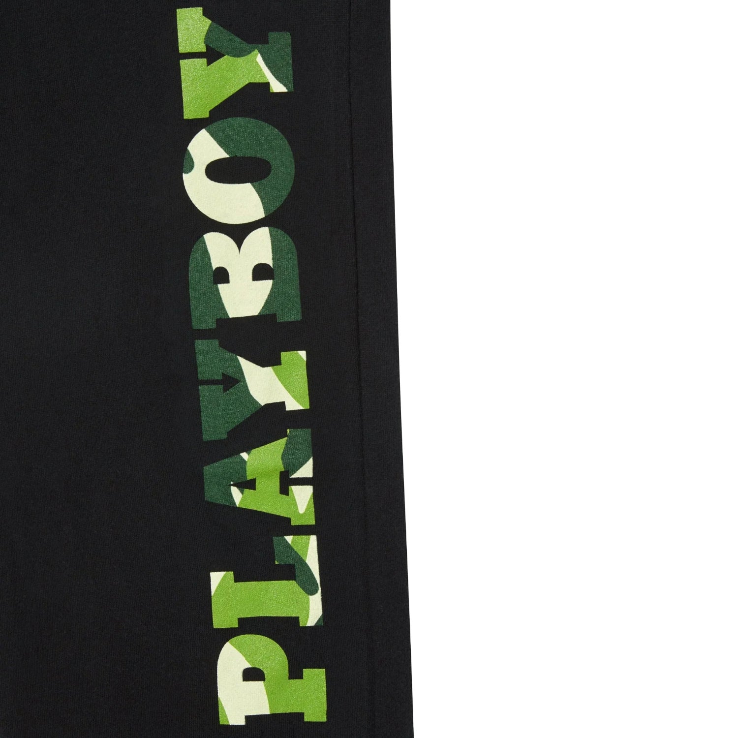 Black sweatpants with green camouflage lettering on the leg