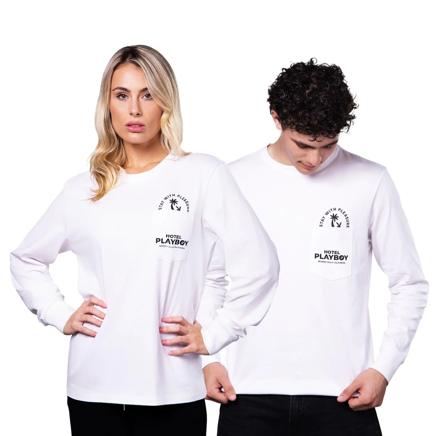Two models wearing white long sleeve shirts with 'Hotel Playboy' and palm tree graphic on chest pocket