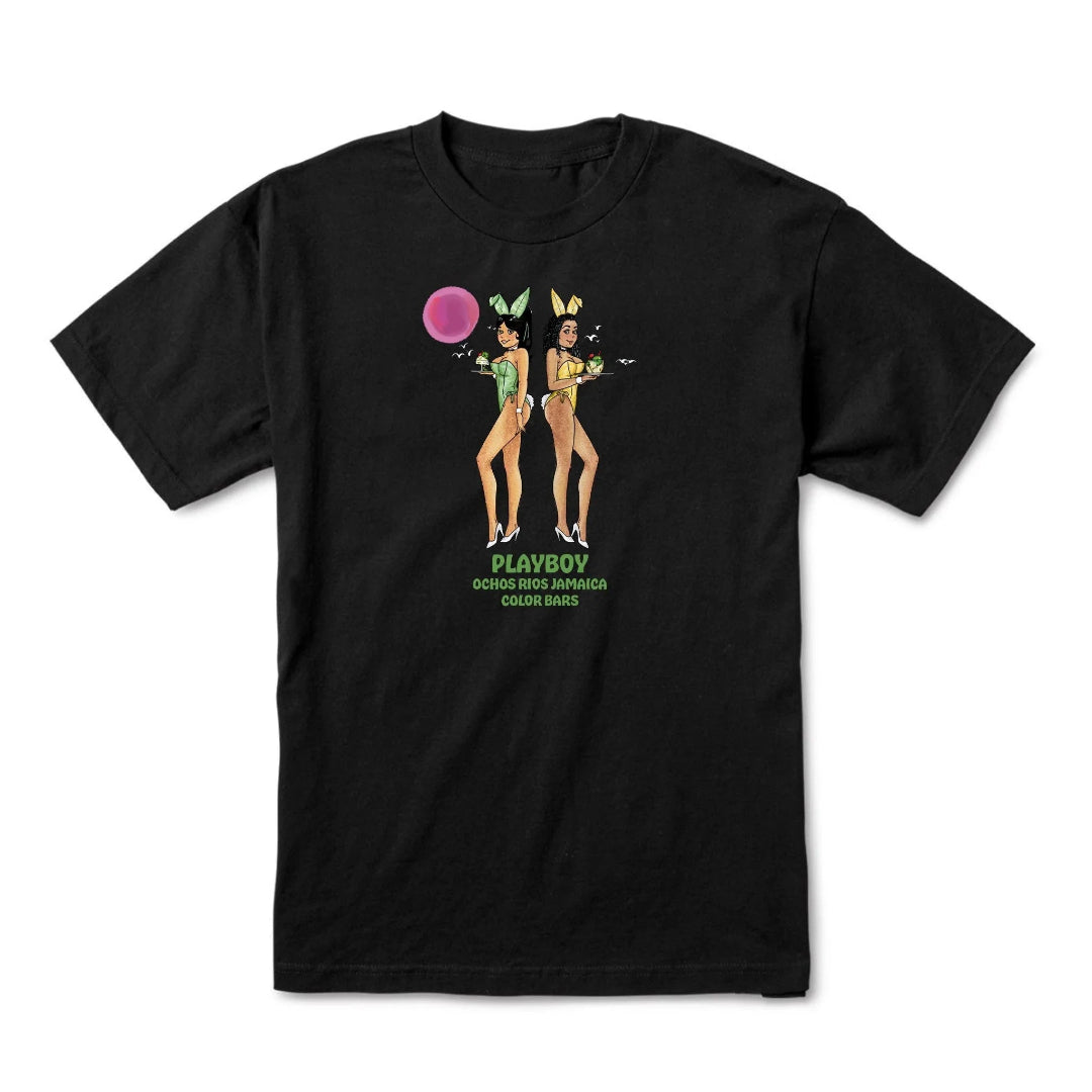 Black graphic tee with two illustrated women in bunny costumes, Jamaica themed text