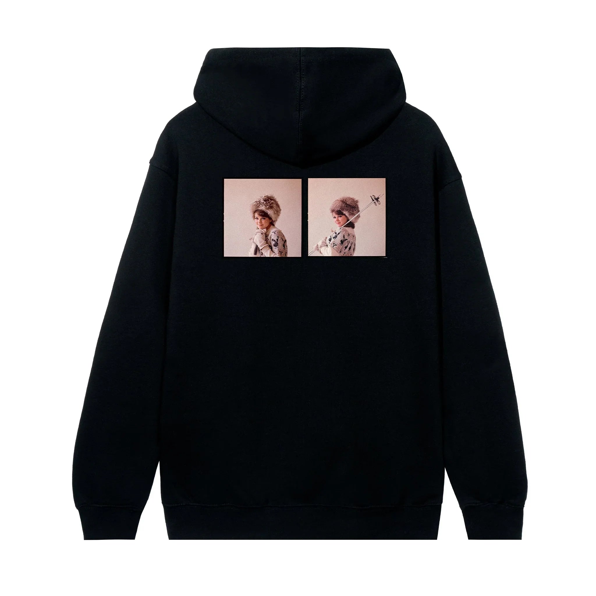 Black hoodie with vintage photo print of woman in fur hat holding scepter on the back