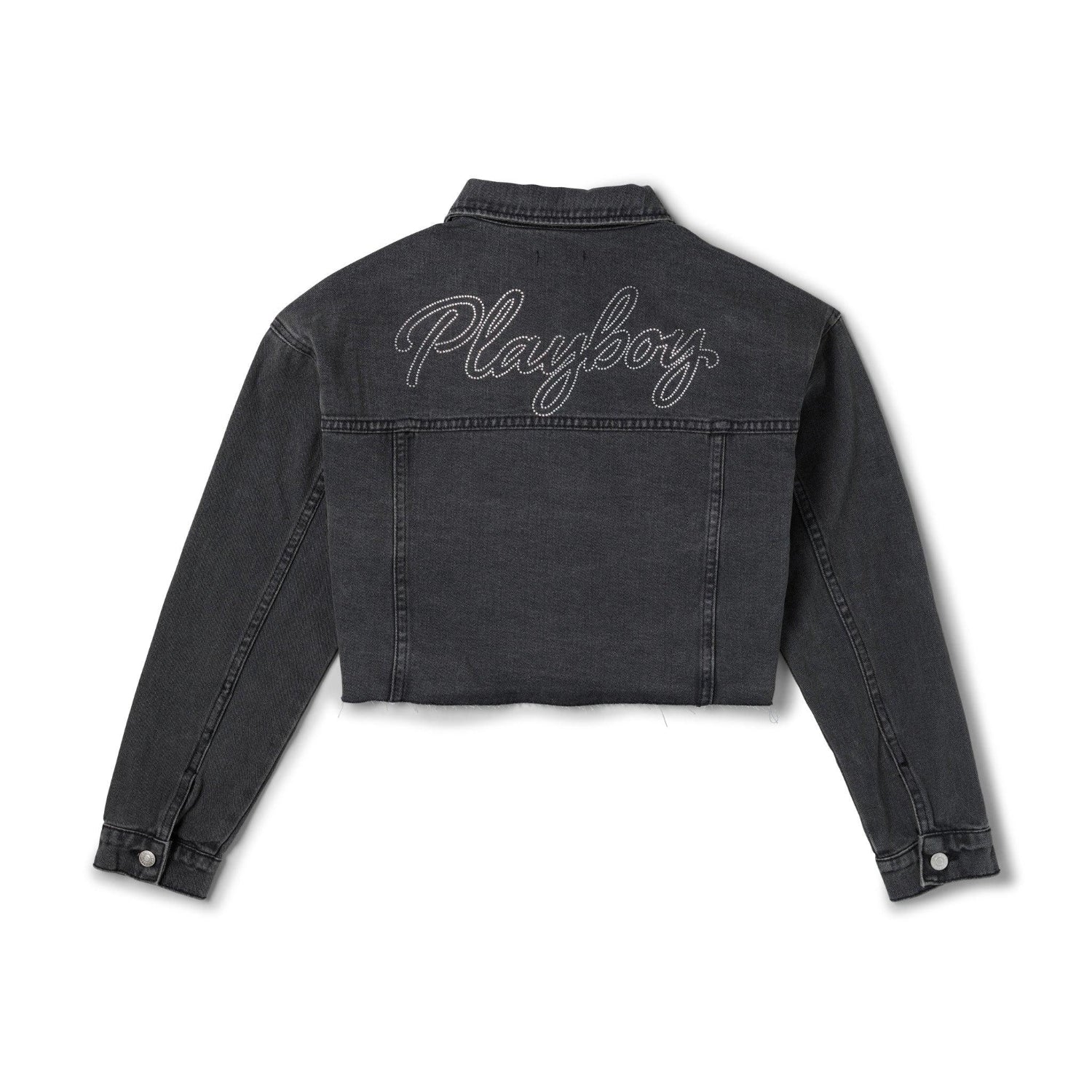 Black cropped denim jacket with embroidered script on back and buttoned cuffs, laid flat.