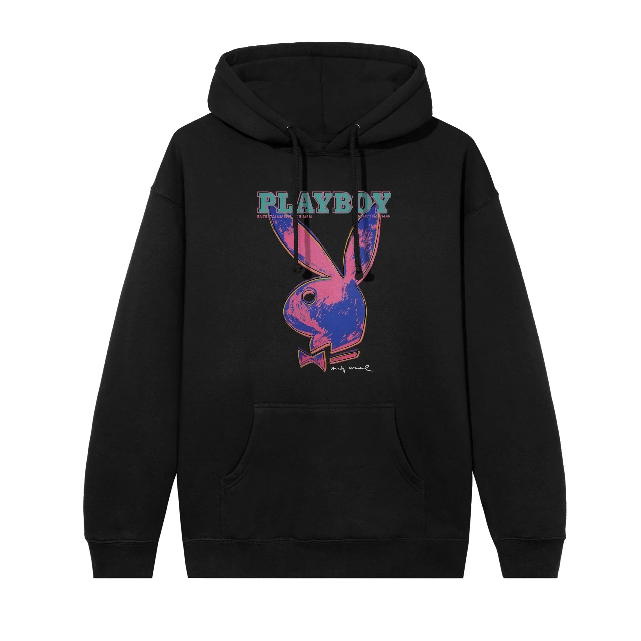 Black hoodie with colorful pop art Playboy bunny logo and PLAYBOY text on the front