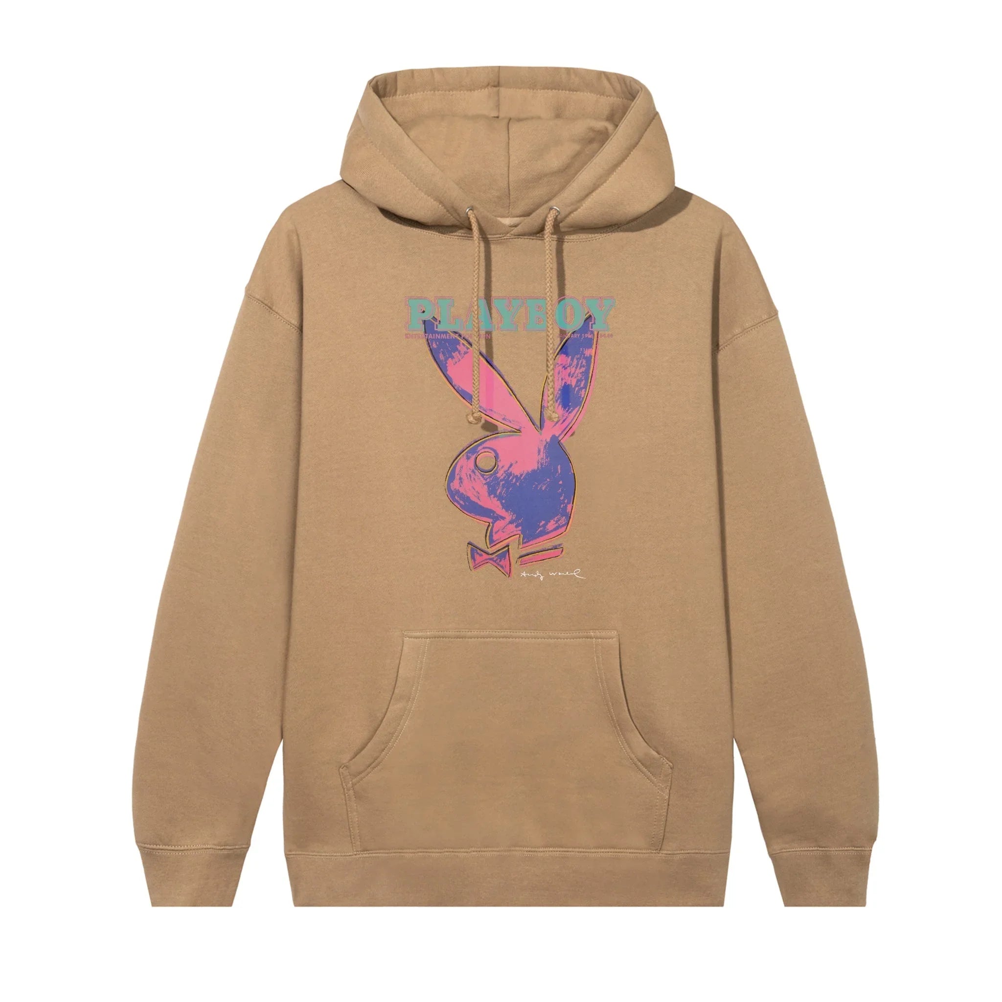 Tan hoodie with large pink and blue pop art bunny graphic and front kangaroo pocket