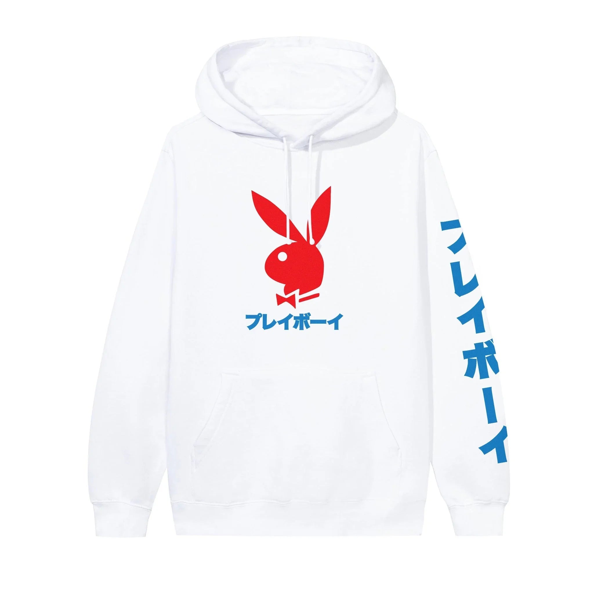 White hoodie with red rabbit head graphic and blue Japanese text on chest and sleeve.