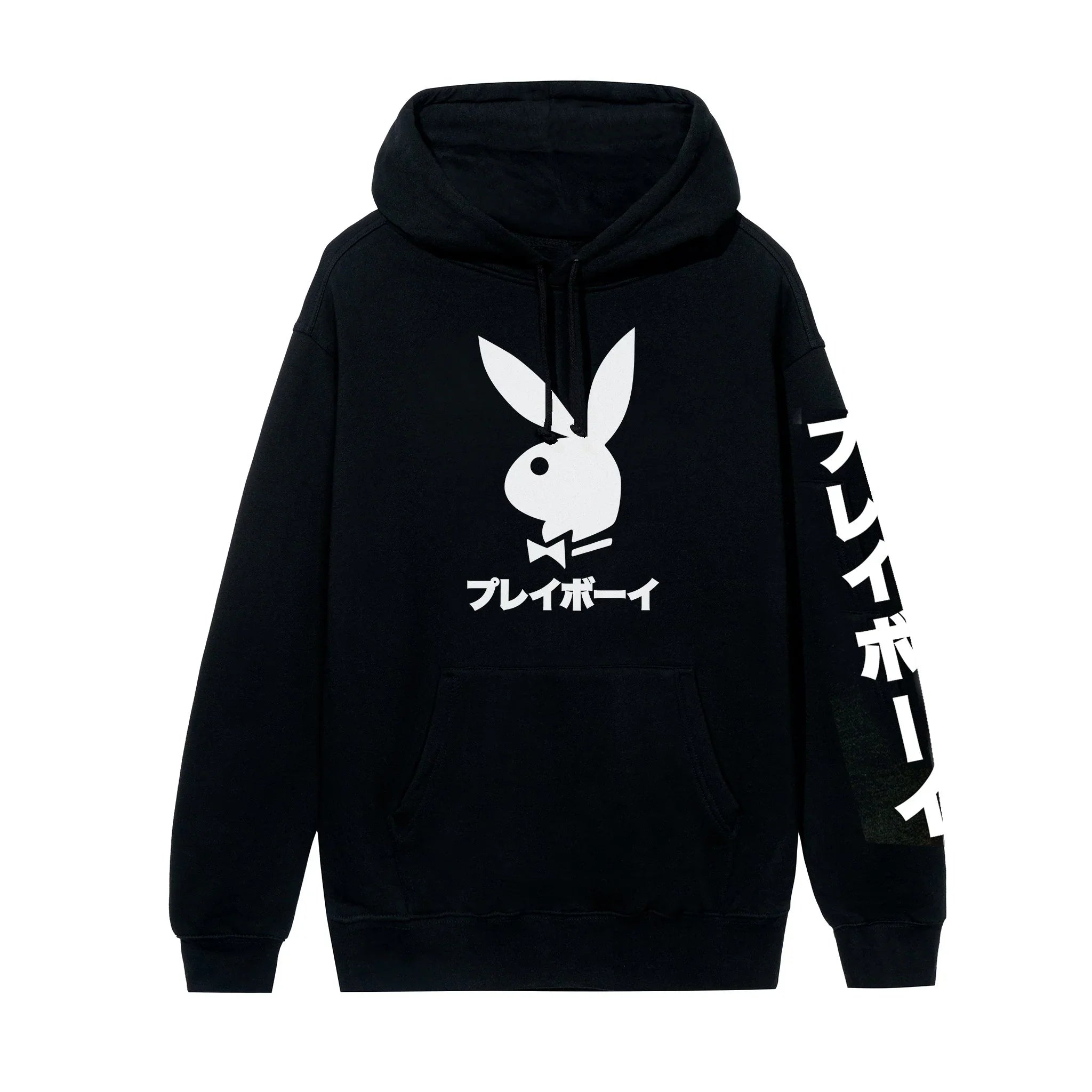 Black hoodie with white bunny graphic and Japanese text, front logo and sleeve print