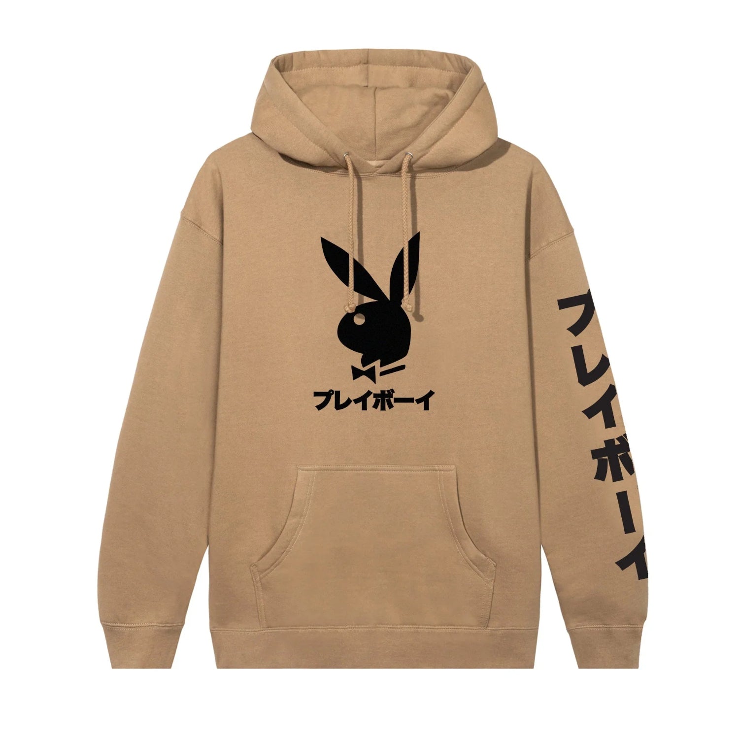 Beige hoodie with black rabbit head graphic and Japanese text on front and sleeve