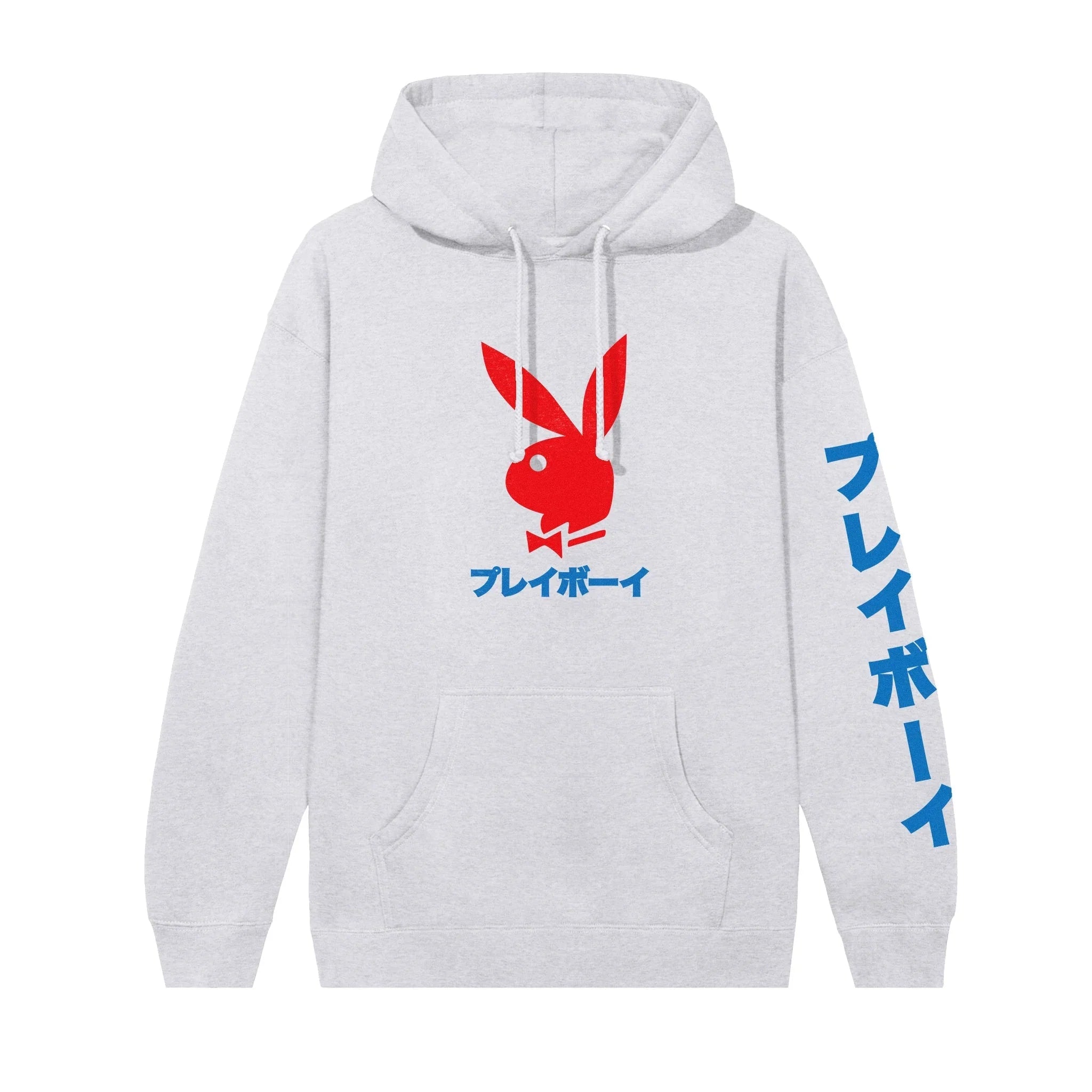 Light gray hoodie with red rabbit head graphic, blue Japanese text on chest and sleeve.