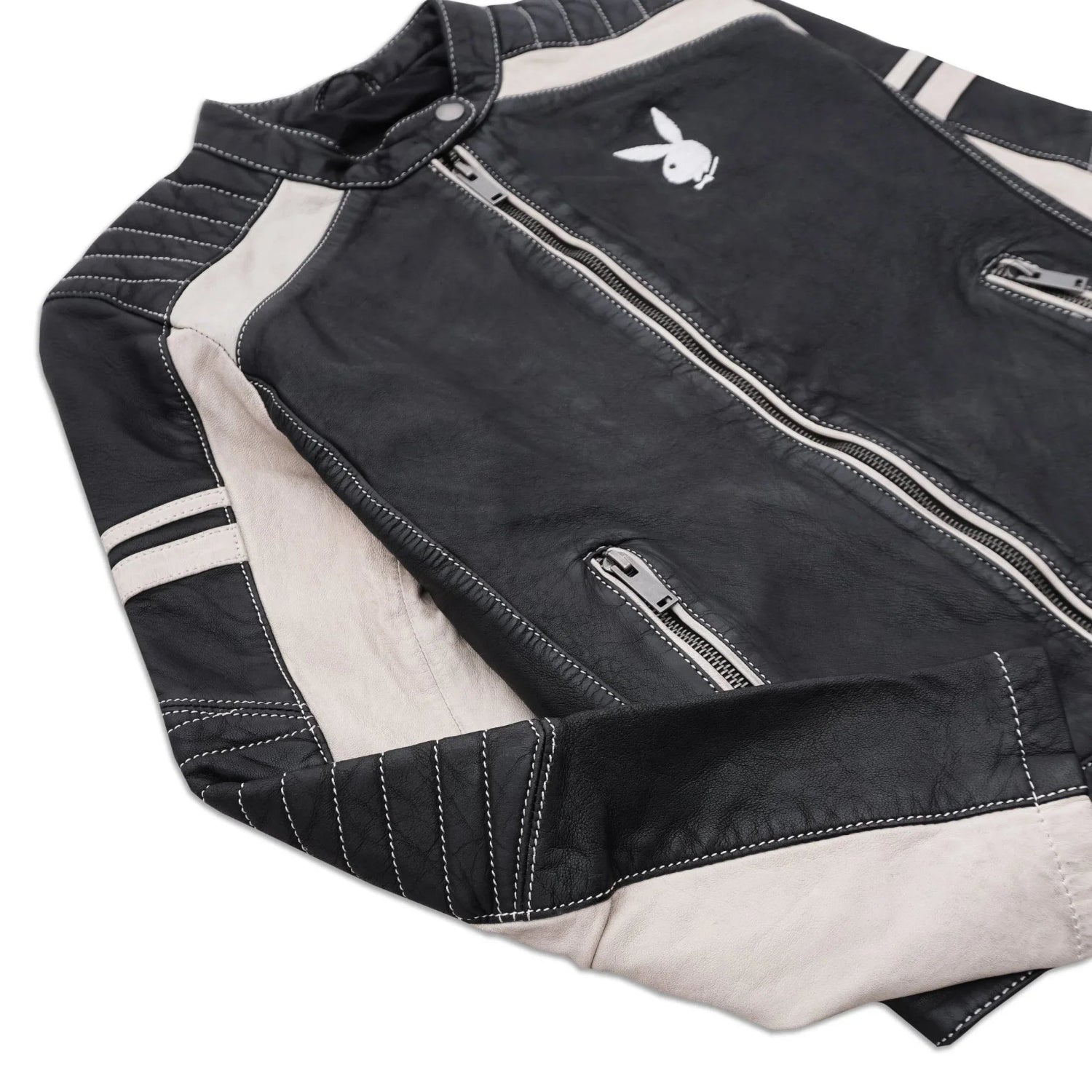 Women's black and white leather jacket with bunny logo and zippered pockets