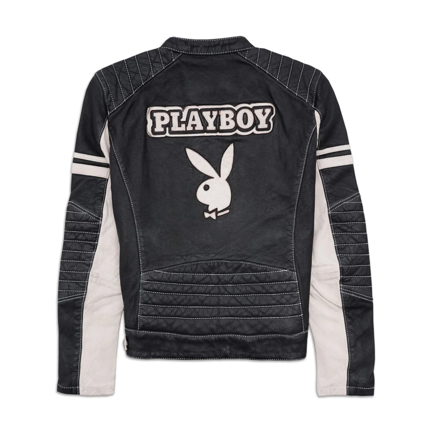 Women's black and white leather jacket with large bunny logo and bold text on back