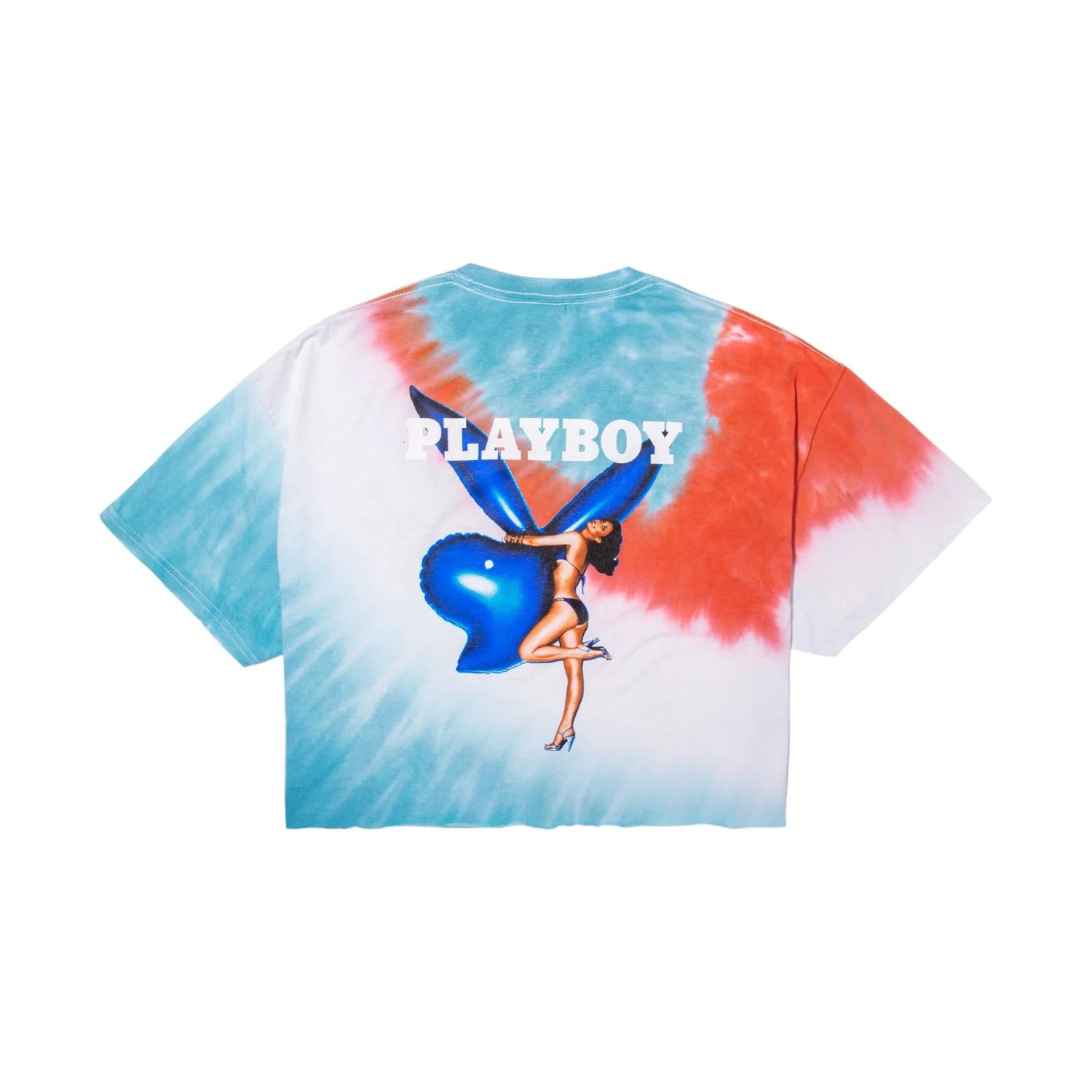 Tie-dye crop t-shirt with retro graphic, PLAYBOY text, and illustrated woman on back.