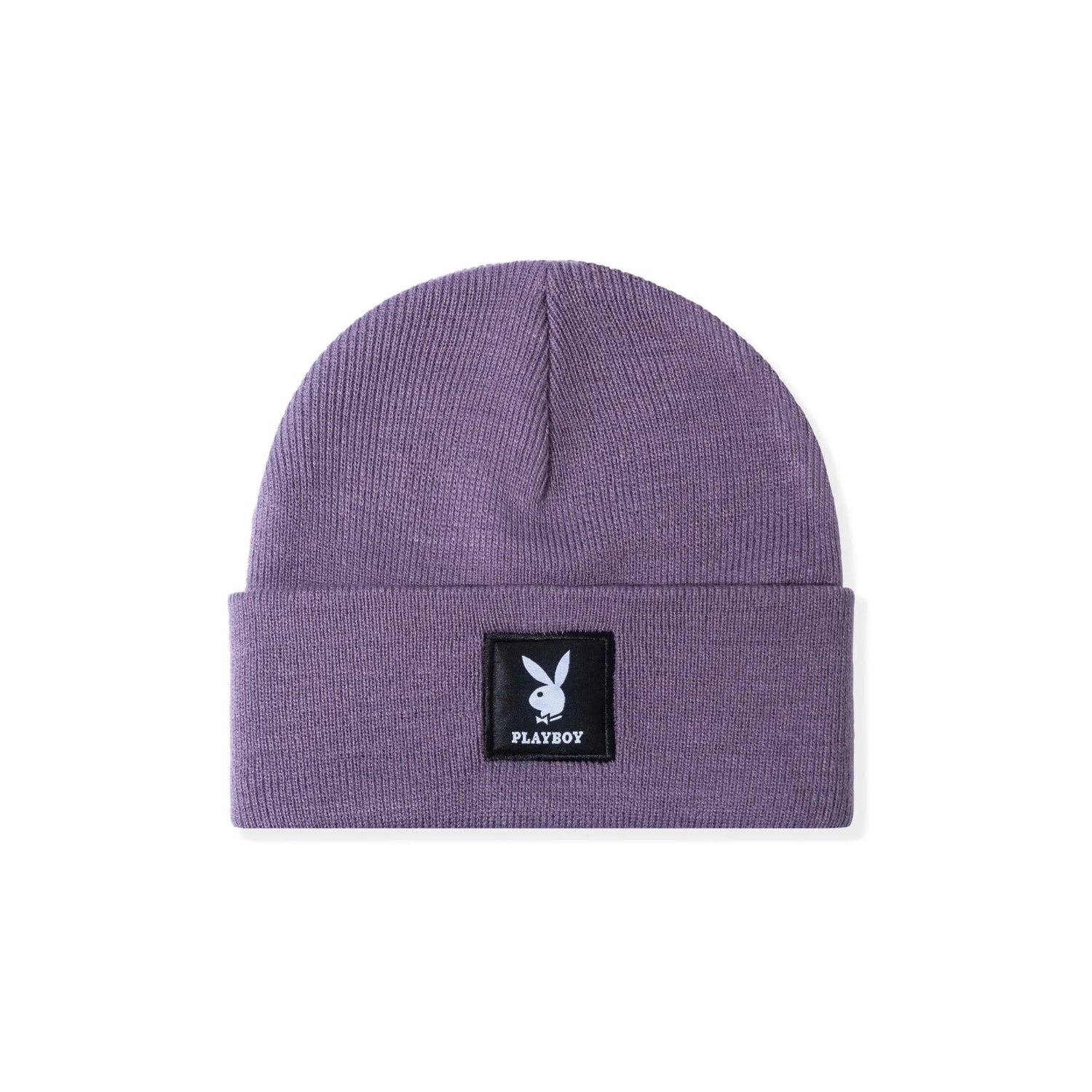 Purple knit beanie with fold-over cuff and black logo patch featuring white bunny graphic