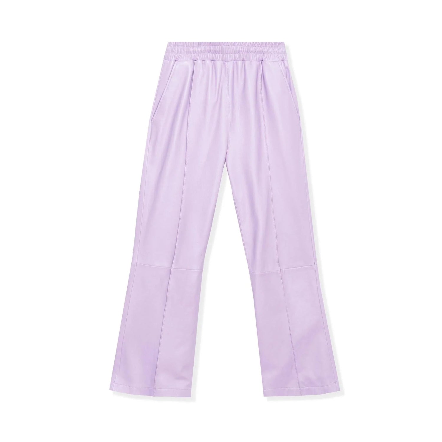 Light purple faux leather flare pants with elastic waistband and front pockets, laid flat